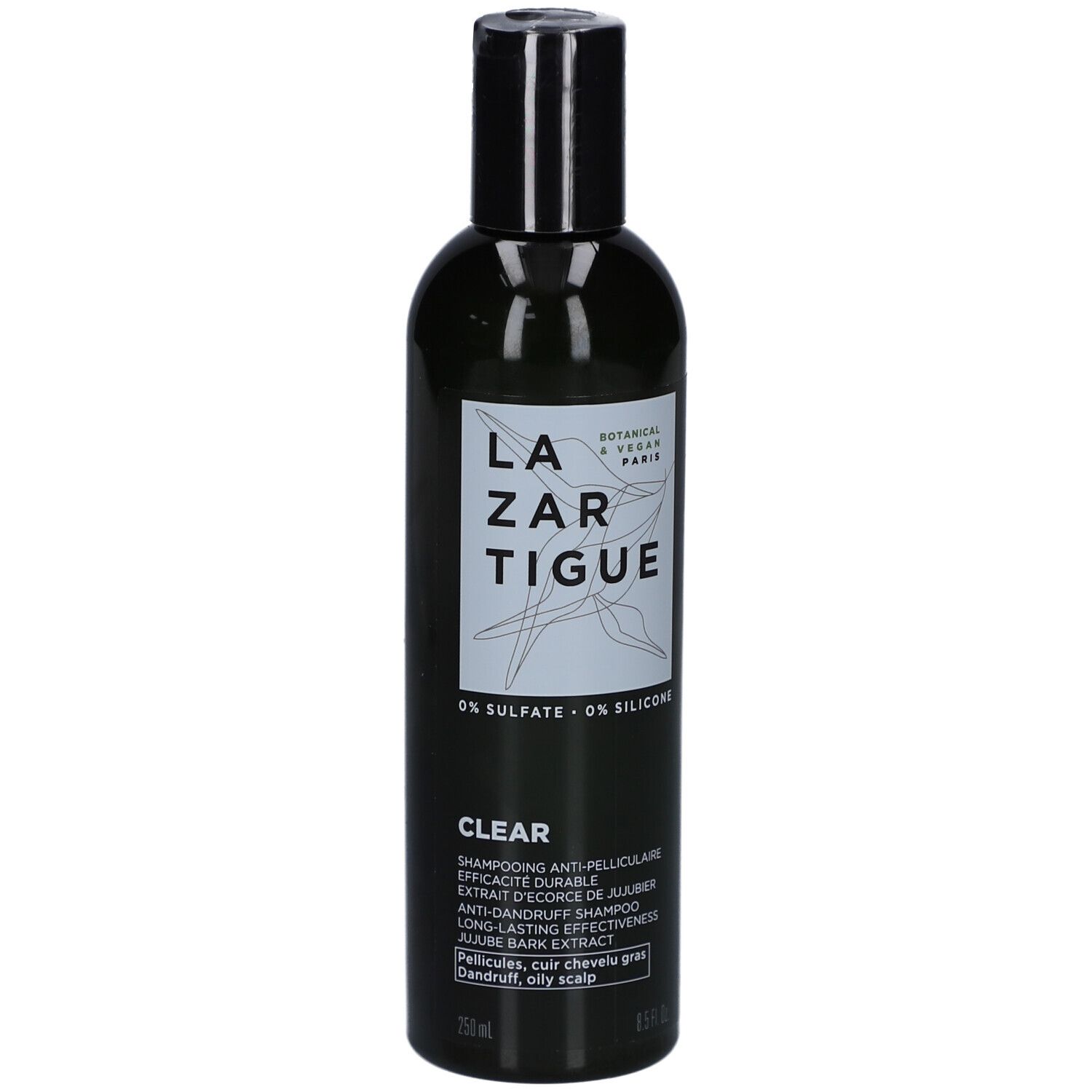 Grüne Flasche mit schwarzem Deckel. Aufschrift: LAZARTIGUE, CLEAR, 0% SULFATE - 0% SILICONE. Text in Französisch.