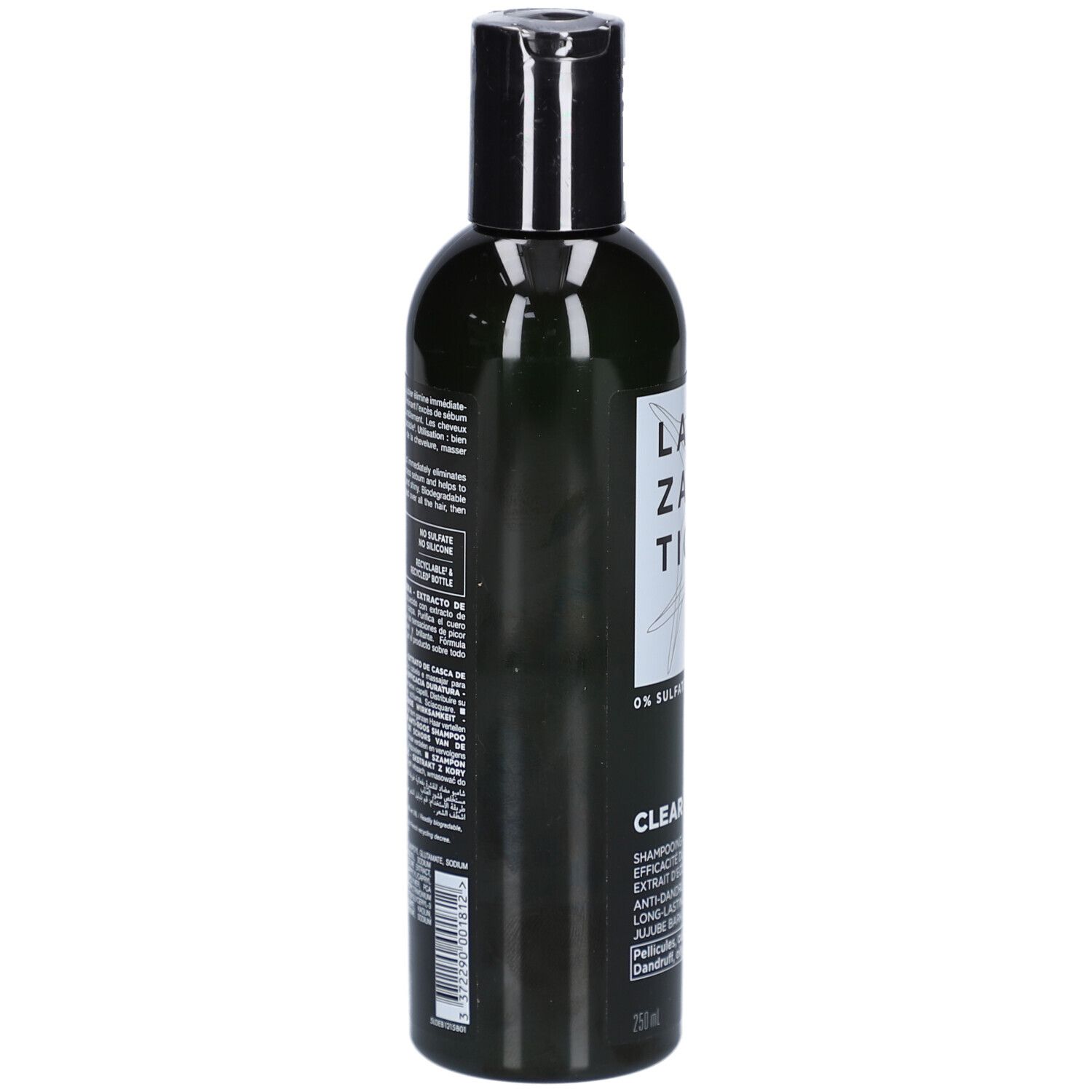 Grüne Flasche mit schwarzem Deckel. Text auf der Rückseite. Barcode und weitere Informationen.