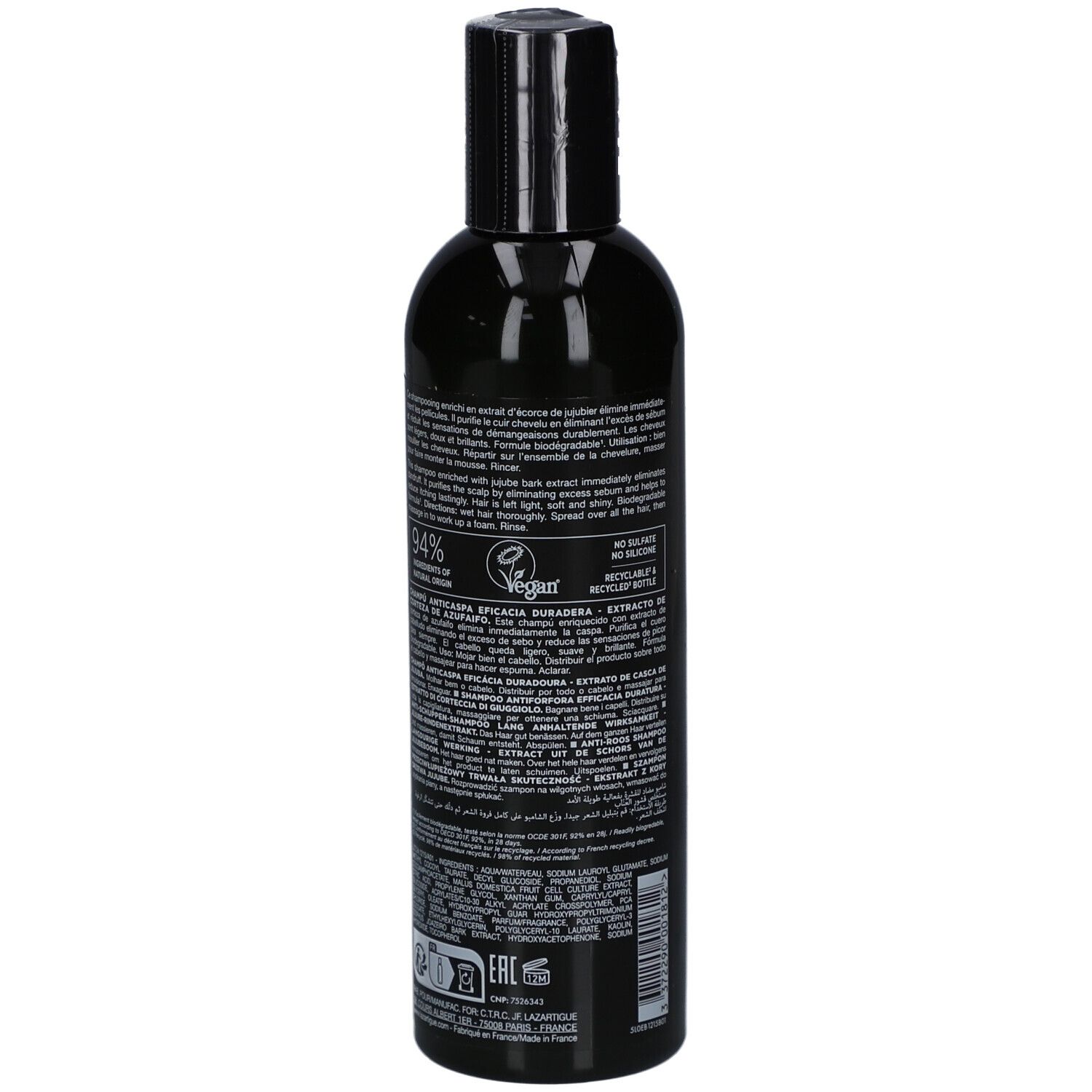 Grüne Flasche mit schwarzem Deckel. Text auf der Rückseite. Vegan-Logo und weitere Informationen.
