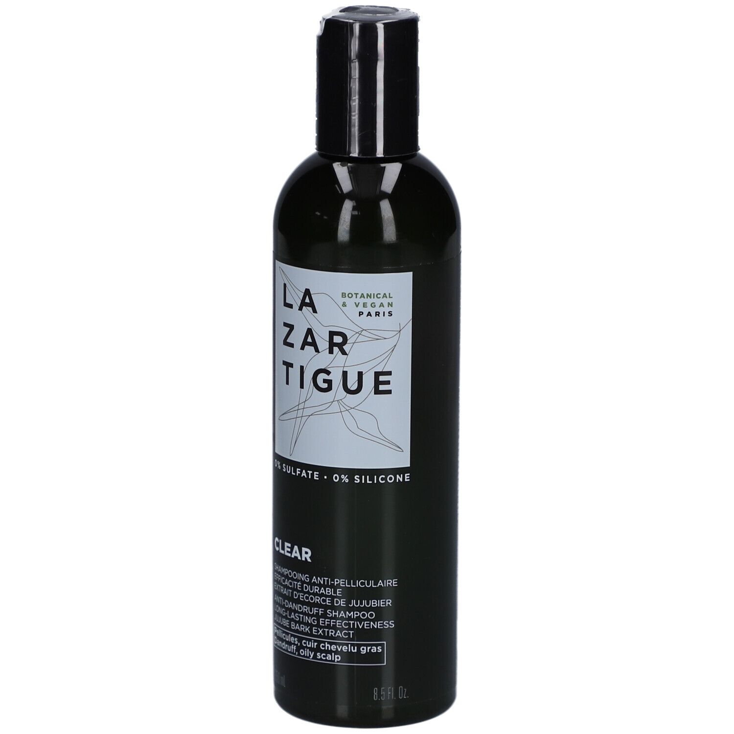 Grüne Flasche mit schwarzem Deckel. Aufschrift: LAZARTIGUE, CLEAR, 0% SULFATE - 0% SILICONE. Text in Französisch.