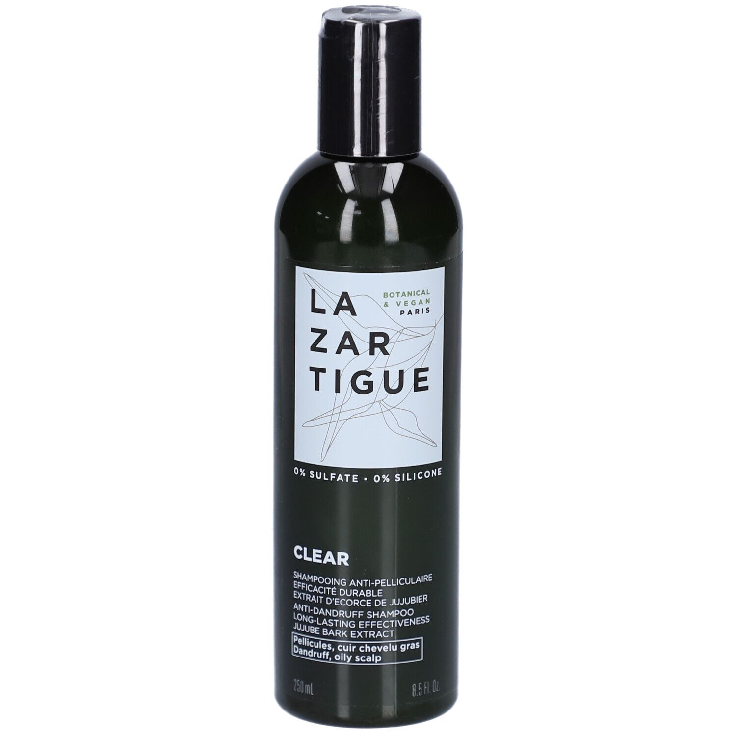 Grüne Flasche mit schwarzem Deckel. Aufschrift: LAZARTIGUE, CLEAR, 0% SULFATE - 0% SILICONE. Text in Französisch.
