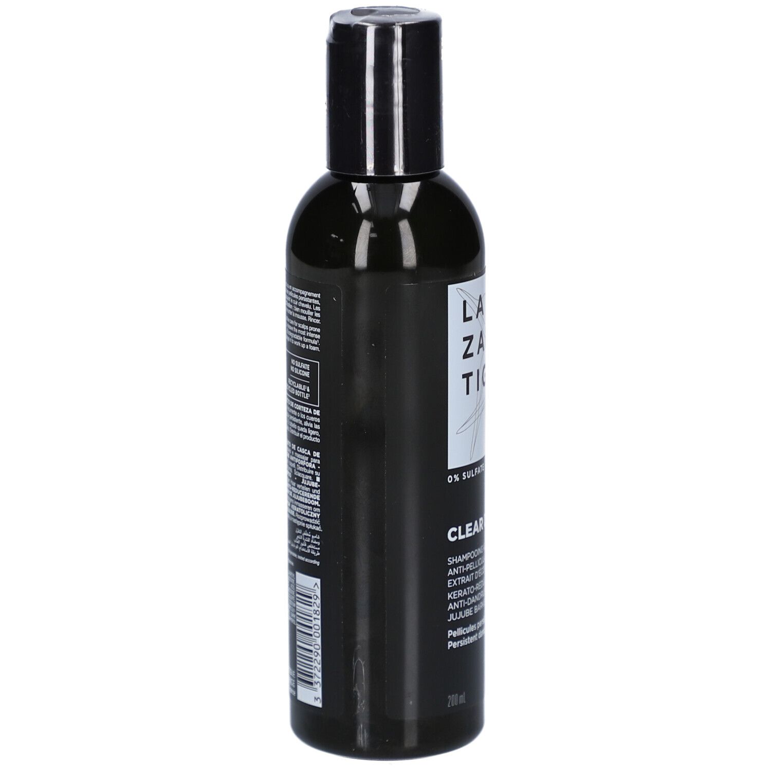 Schwarze Shampoo-Flasche. Aufschrift: LAZARTIGUE. Text auf der Rückseite. Schwarzer Deckel.