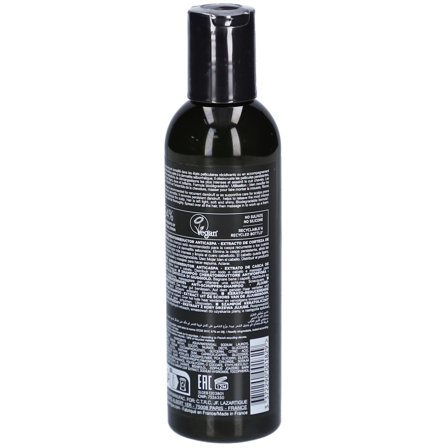 Schwarze Shampoo-Flasche. Aufschrift: LAZARTIGUE. Text auf der Rückseite. Vegan-Logo. Recycelbar.