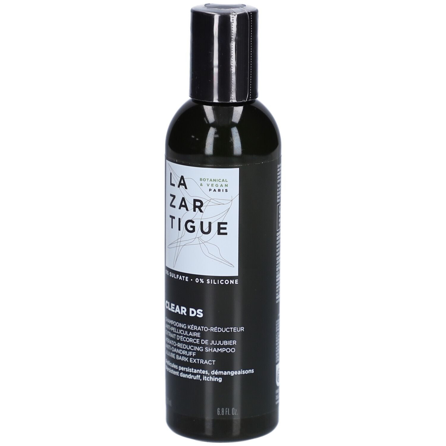 Schwarze Shampoo-Flasche. Aufschrift: LAZARTIGUE, CLEAR DS. Enthält Jujube-Extrakt. 8.8 fl. oz.