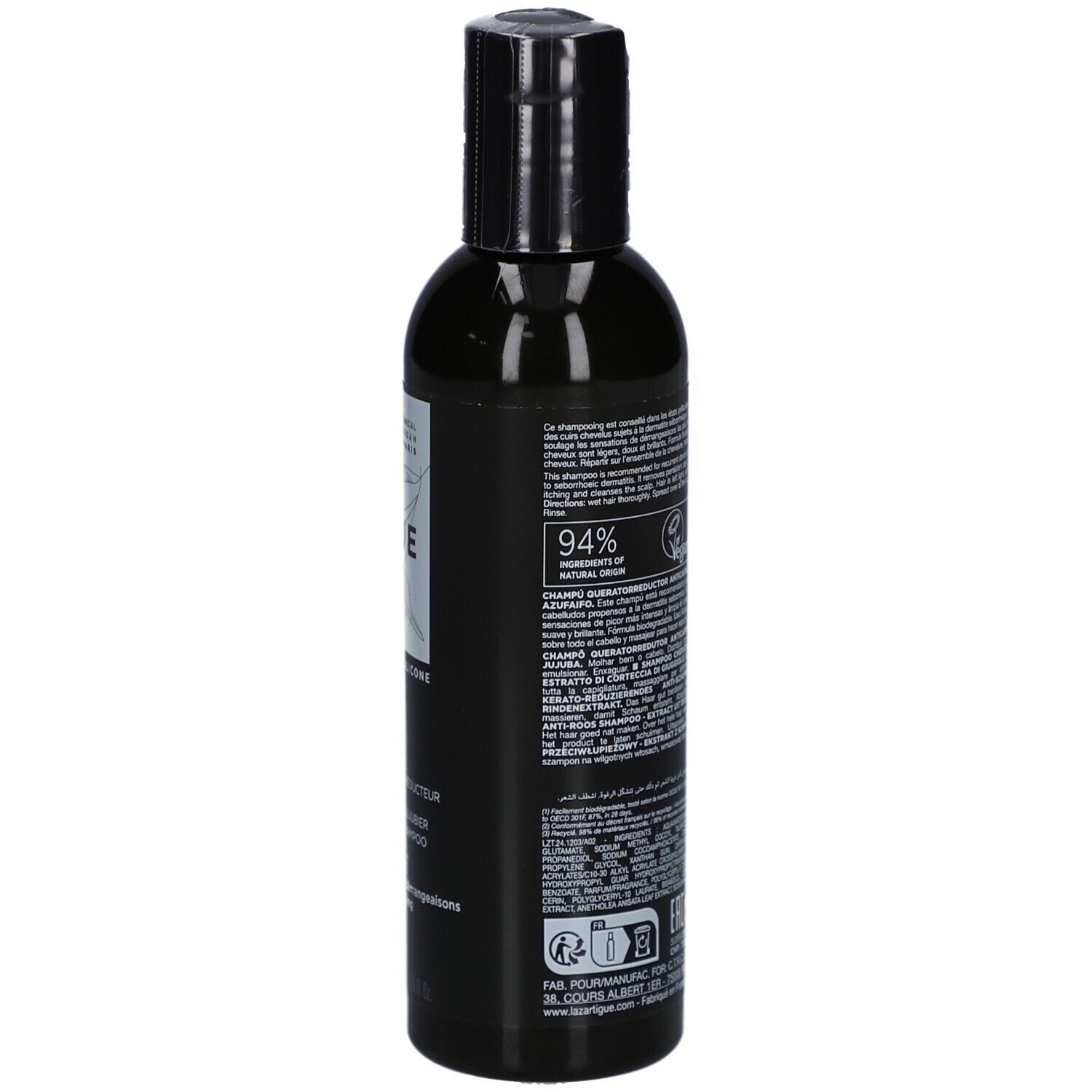 Schwarze Shampoo-Flasche. Aufschrift: LAZARTIGUE. 94% Inhaltsstoffe natürlichen Ursprungs. Schwarzer Deckel.