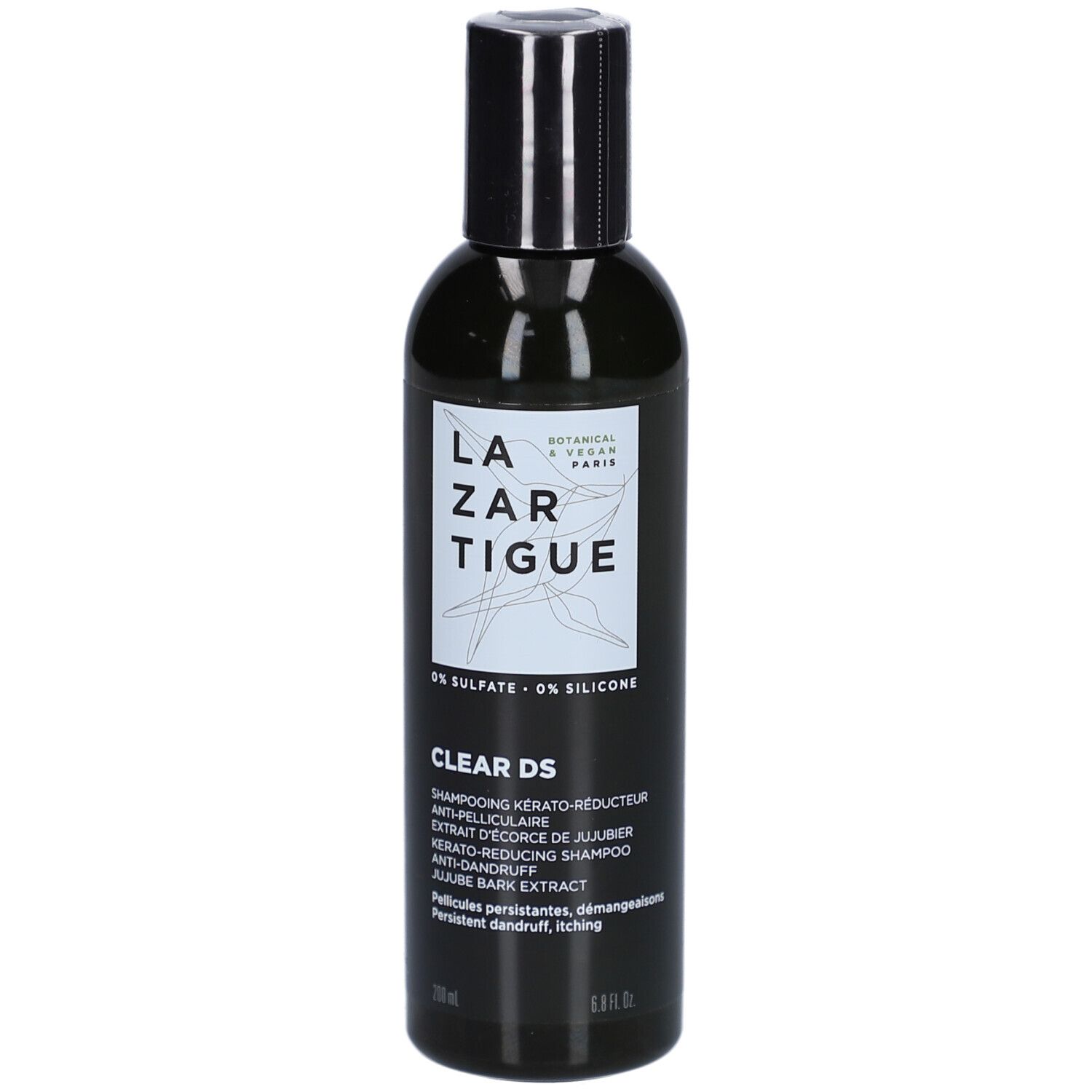 Schwarze Flasche mit Shampoo. Aufschrift: LAZARTIGUE, CLEAR DS. Enthält Jujube-Extrakt. 200 ml.