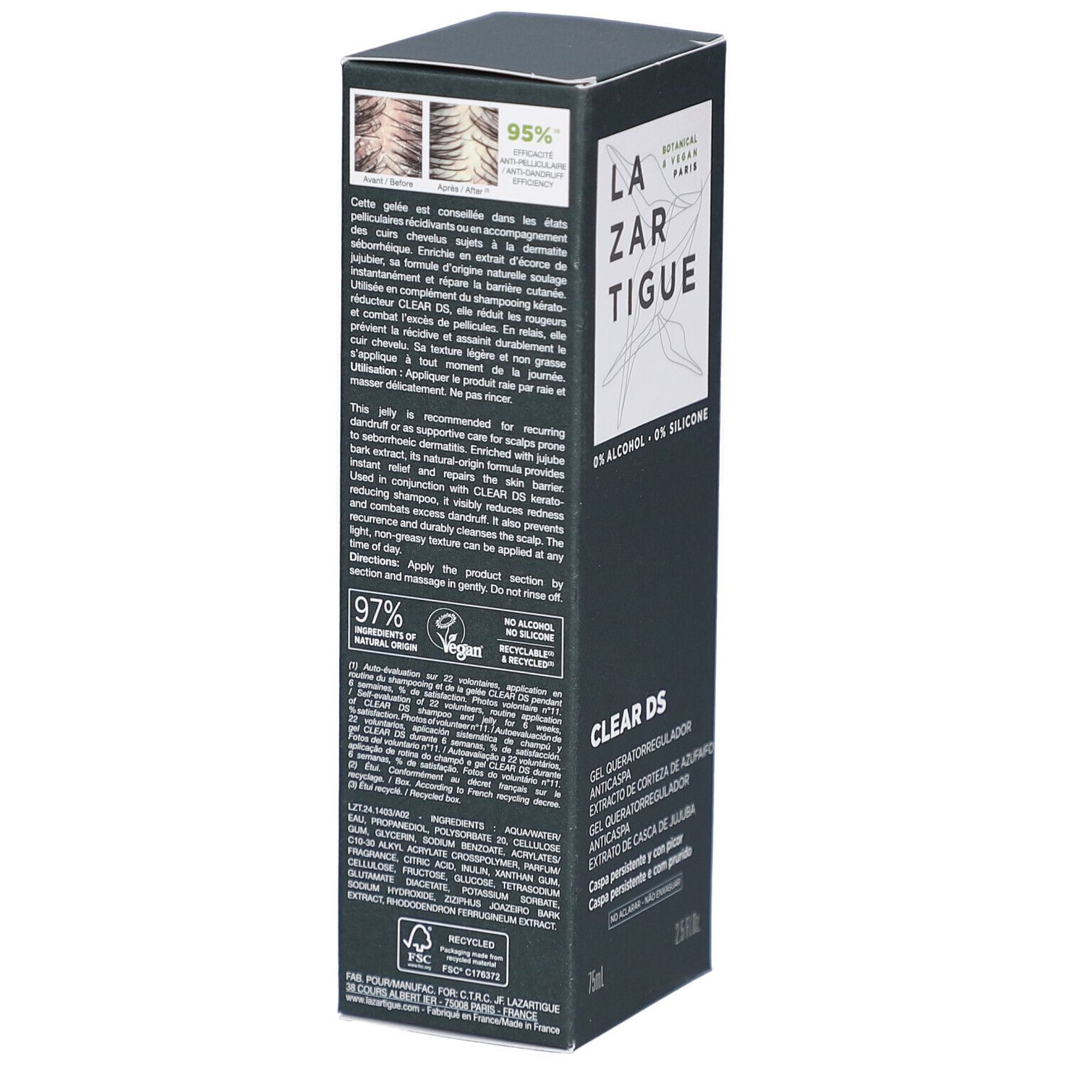 Schwarze Verpackung mit Produktnamen LAZARTIGUE und CLEAR DS. Enthält Text in mehreren Sprachen. 75ml und 2.5 FL.OZ.