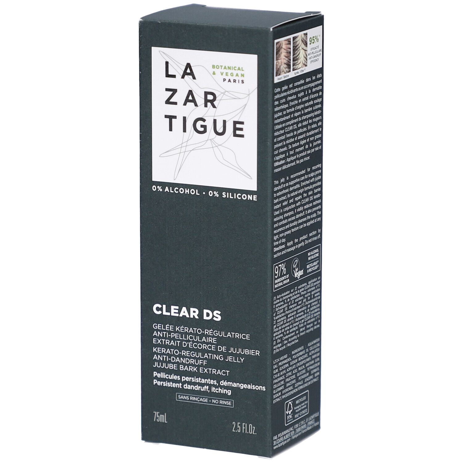 Schwarze Verpackung mit Produktnamen LAZARTIGUE und CLEAR DS. Enthält Text in mehreren Sprachen. 75ml und 2.5 FL.OZ.