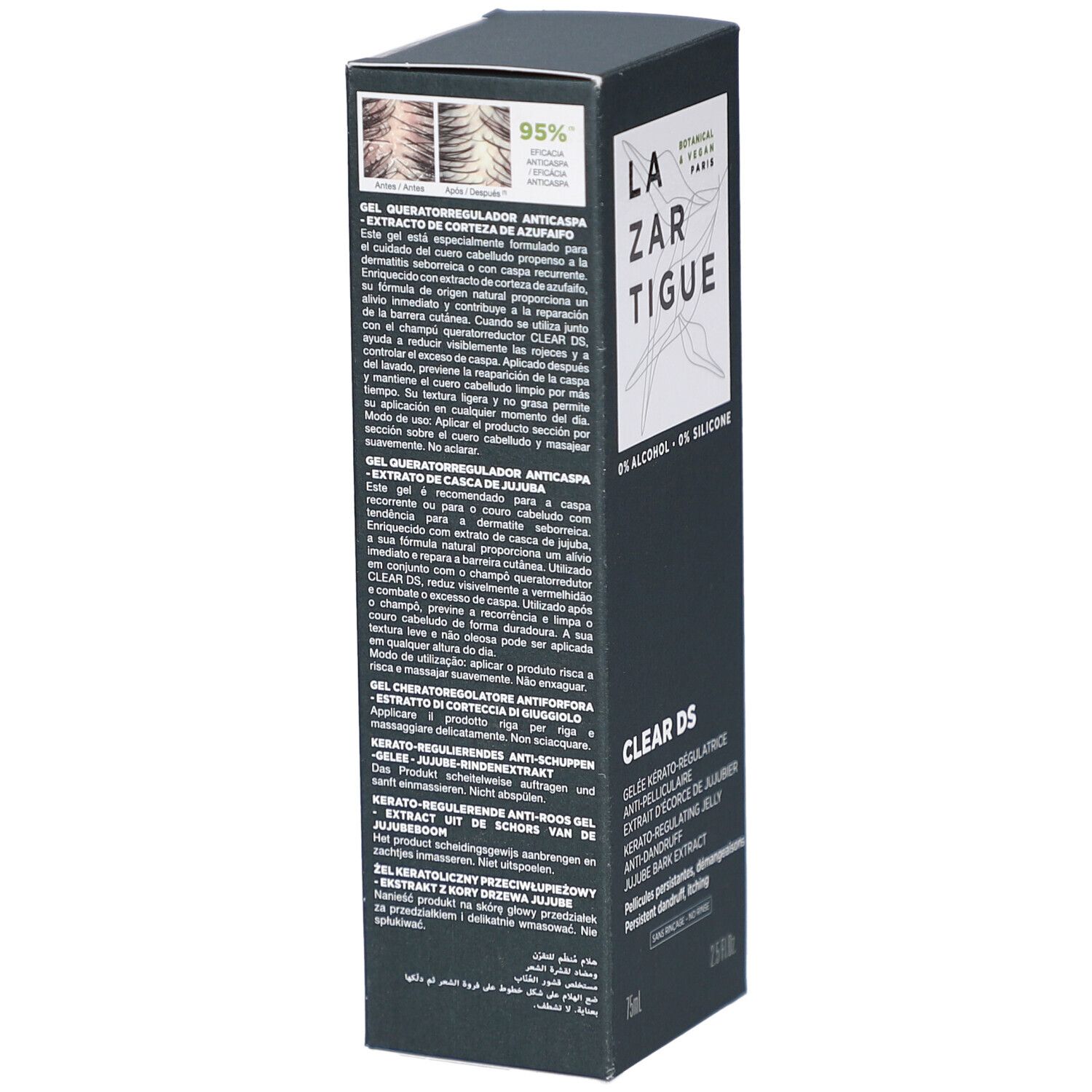Schwarze Verpackung mit Produktnamen LAZARTIGUE und CLEAR DS. Enthält Text in mehreren Sprachen. 75ml und 2.5 FL.OZ.