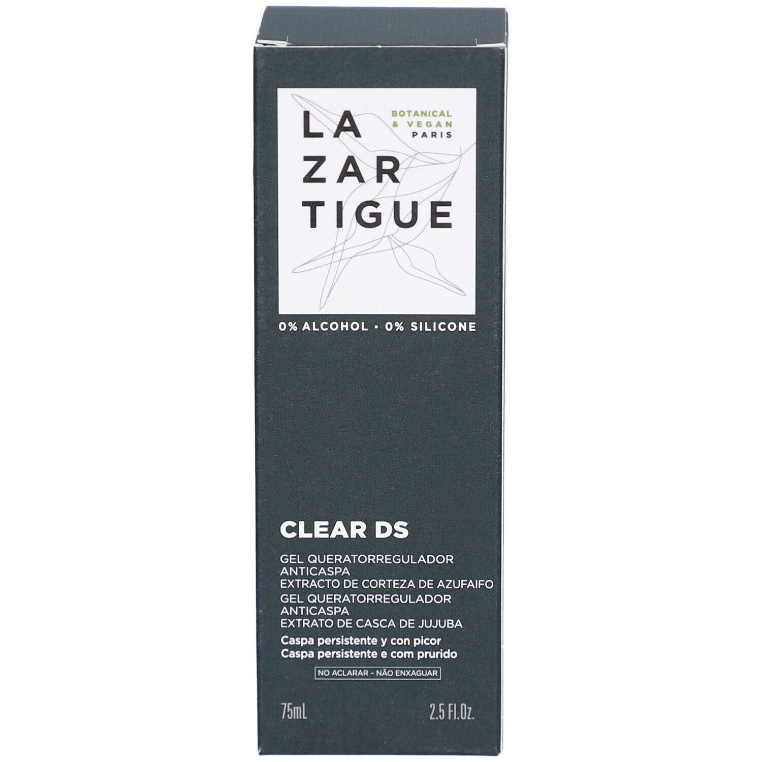 Schwarze Verpackung mit Produktnamen LAZARTIGUE und CLEAR DS. Enthält Text in mehreren Sprachen. 75ml und 2.5 FL.OZ.