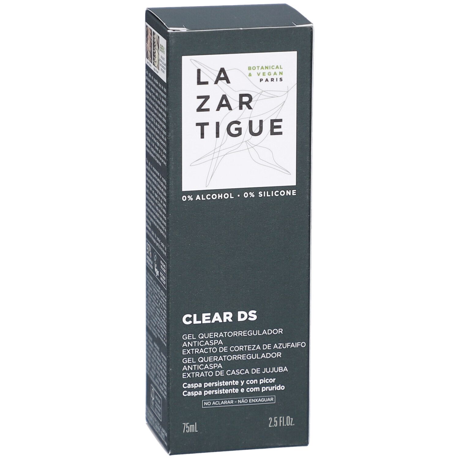 Schwarze Verpackung mit Produktnamen LAZARTIGUE und CLEAR DS. Enthält Text in mehreren Sprachen. 75ml und 2.5 FL.OZ.