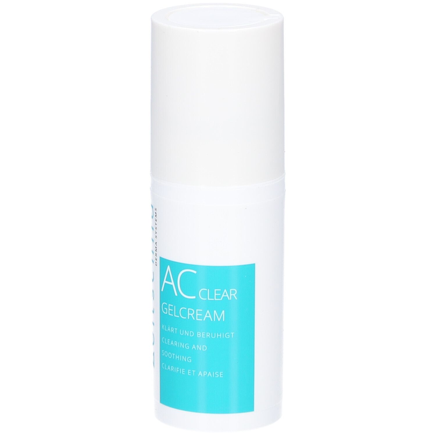 Weiße Tube mit blauem Etikett. Aufschrift: AC Clear Gelcream, klärt und beruhigt. Marke: Zeitschild.