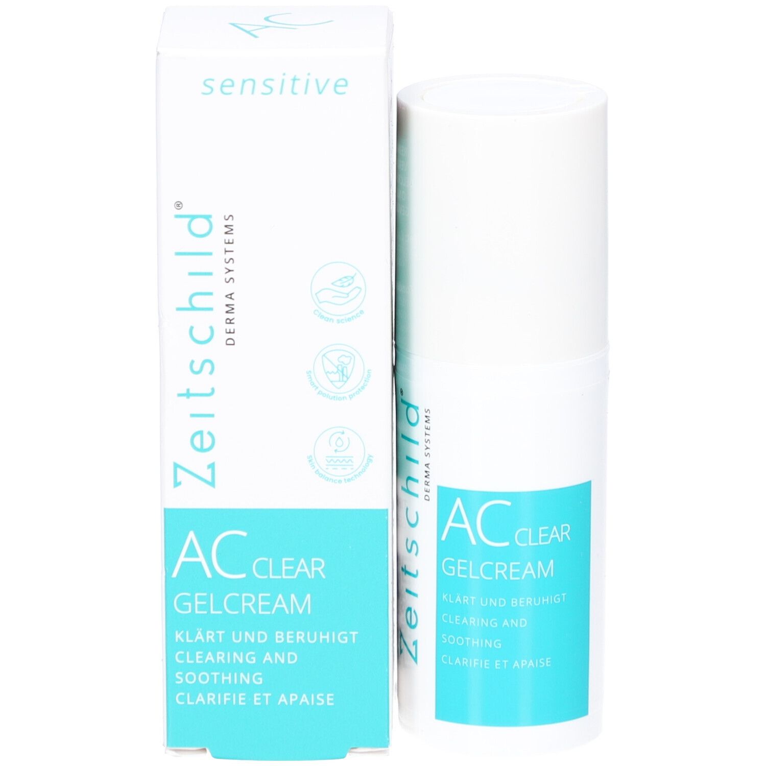 Produktverpackung mit Tube und Karton. Aufschrift: AC Clear Gelcream, klärt und beruhigt. Marke: Zeitschild.