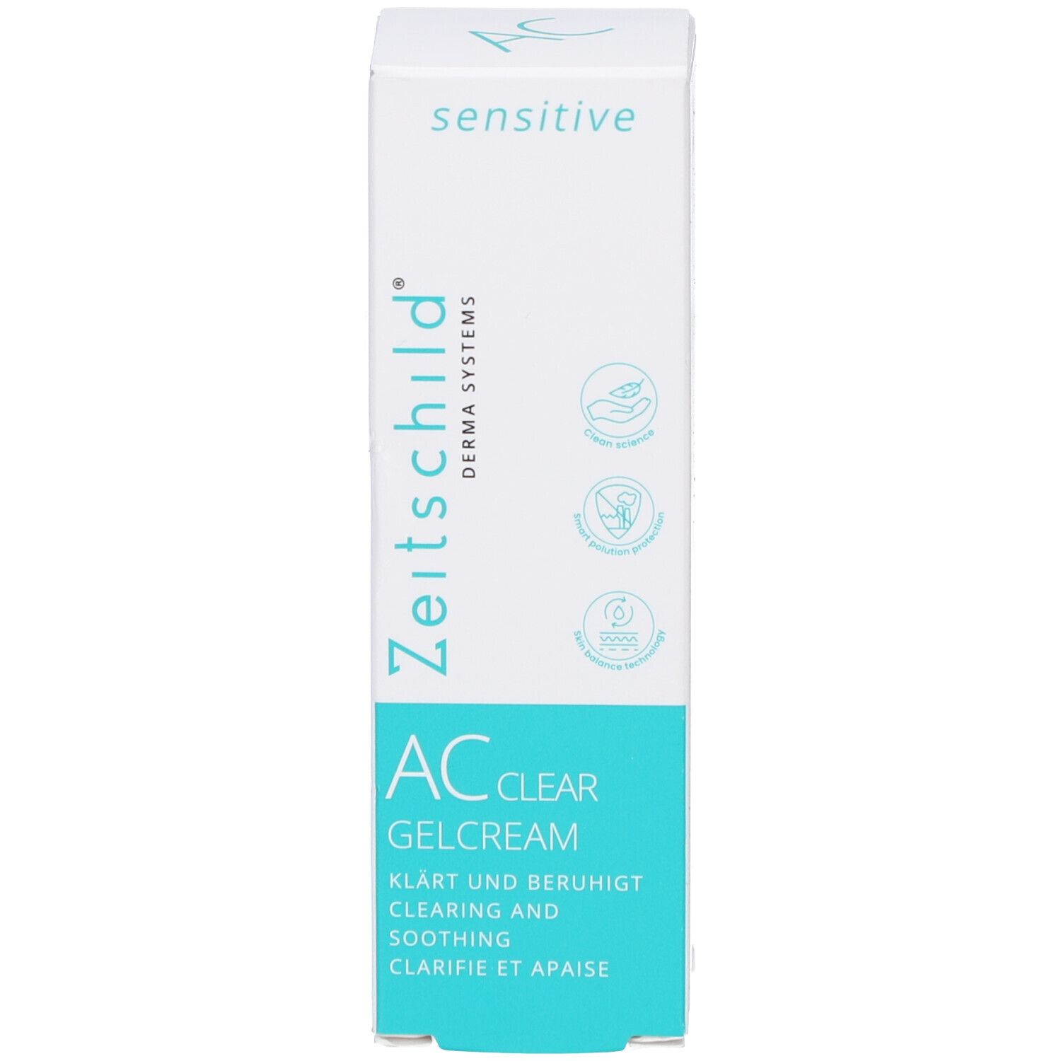 Produktverpackung mit Karton. Aufschrift: AC Clear Gelcream, klärt und beruhigt. Marke: Zeitschild.