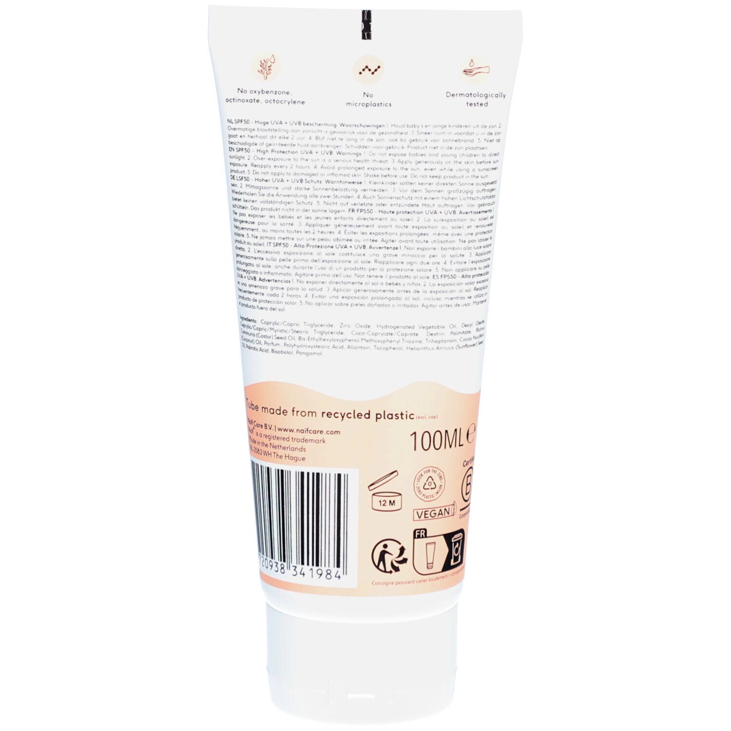 Crèmetube van gerecycled plastic. Opschriften: 100ml, Vegan, 12M. Streepjescode en logo's.