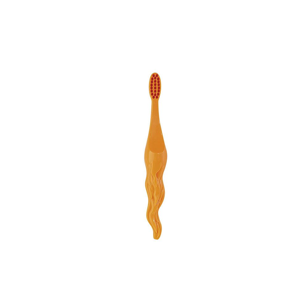 Orangefarbene Kinderzahnbürste. Weiche Borsten, Griff mit wellenförmigem Design. Ohne Verpackung.