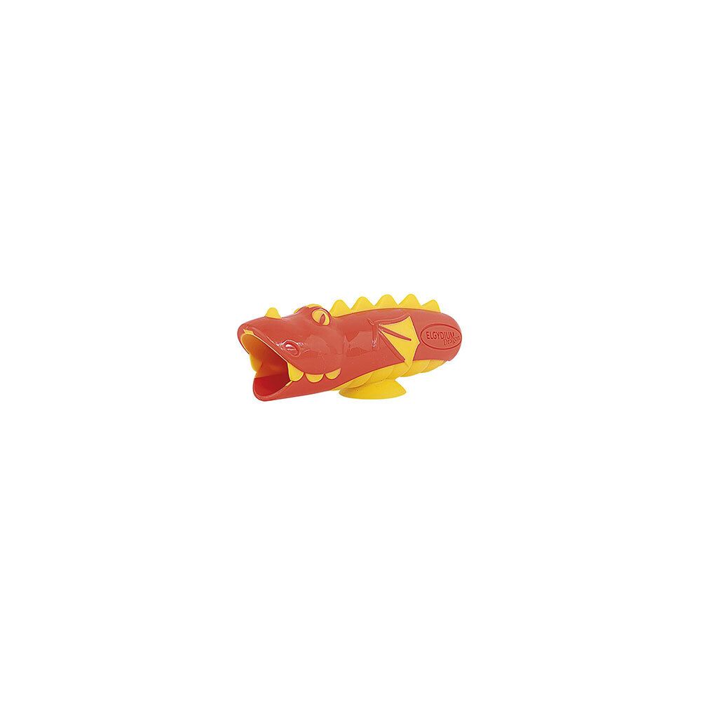 Roter und gelber Zahnbürstenhalter in Drachenform. Gelbe Zacken, offener Mund. Ohne Zahnbürste.