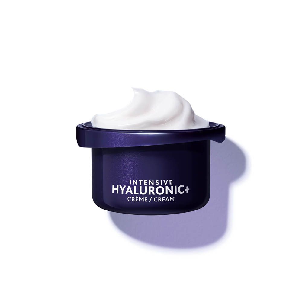 Pot bleu avec crème blanche. Inscription: Intensive Hyaluronic+ Crème/Cream.