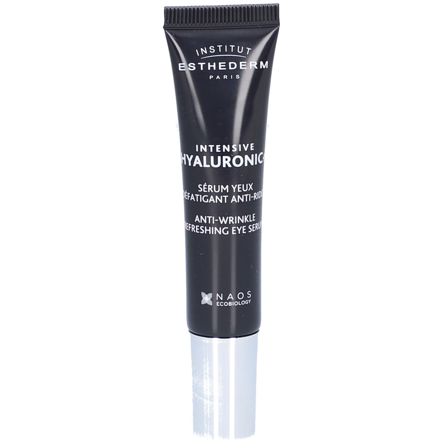 Dunkelblaue Tube mit silberner Kappe. Text: Institut Esthederm, Intensive Hyaluronic, Sérum yeux, Anti-Wrinkle, Refreshing Eye Serum.