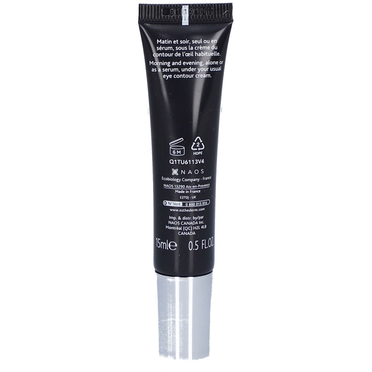 Rückseite der Tube. Text: Anwendungshinweise, Inhaltsstoffe, Herstellerinformationen. 15ml, 0.5 FL.OZ.
