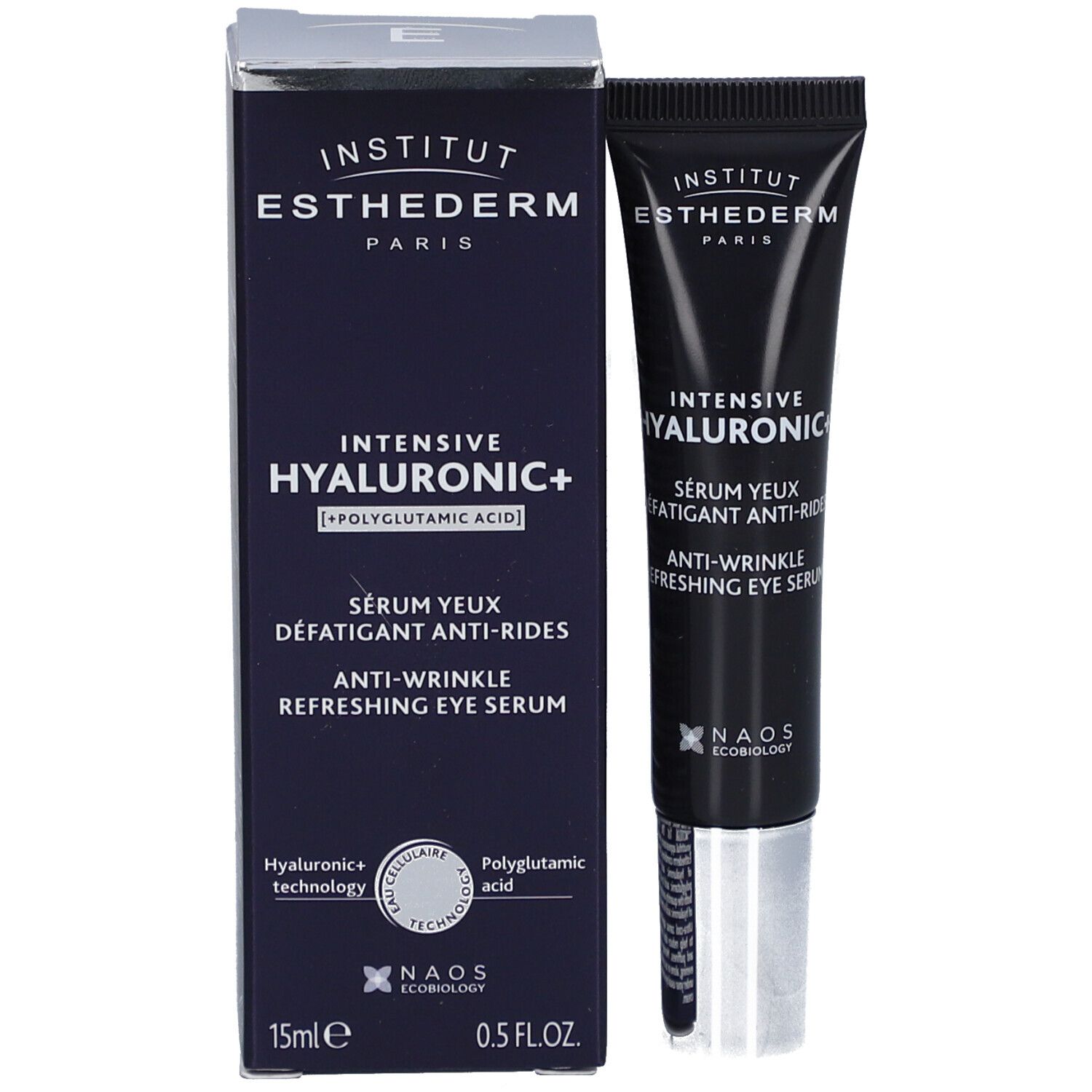 Dunkelblaue Schachtel und Tube. Text: Institut Esthederm, Intensive Hyaluronic+, Sérum yeux, Anti-Wrinkle, Refreshing Eye Serum. 15ml, 0.5 FL.OZ.