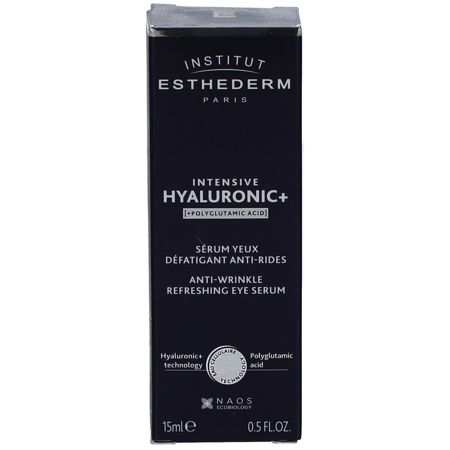 Dunkelblaue Schachtel. Text: Institut Esthederm, Intensive Hyaluronic+, Sérum yeux, Anti-Wrinkle, Refreshing Eye Serum. 15ml, 0.5 FL.OZ.