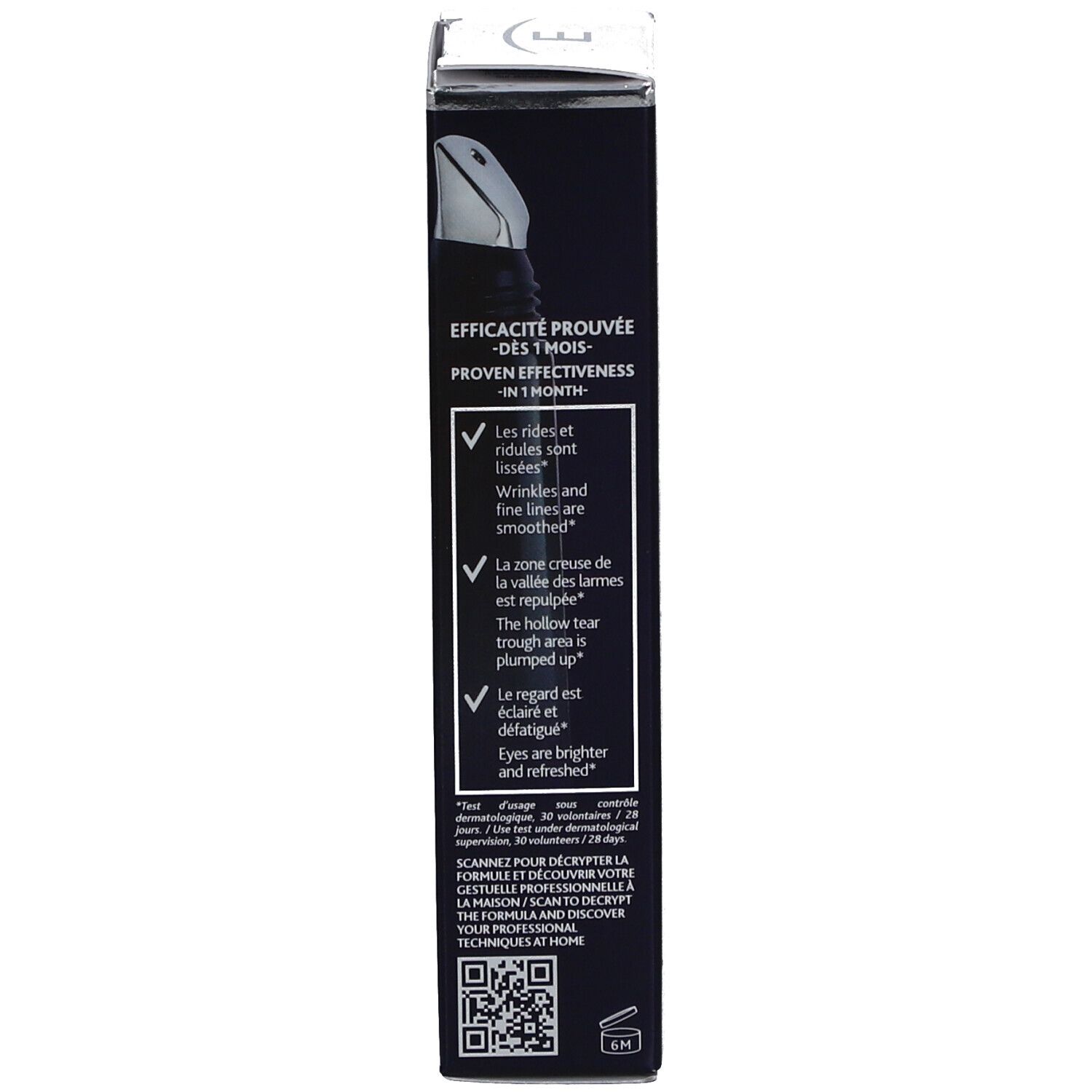 Schachtel-Rückseite. Text: Wirksamkeit in 1 Monat, QR-Code zum Scannen.