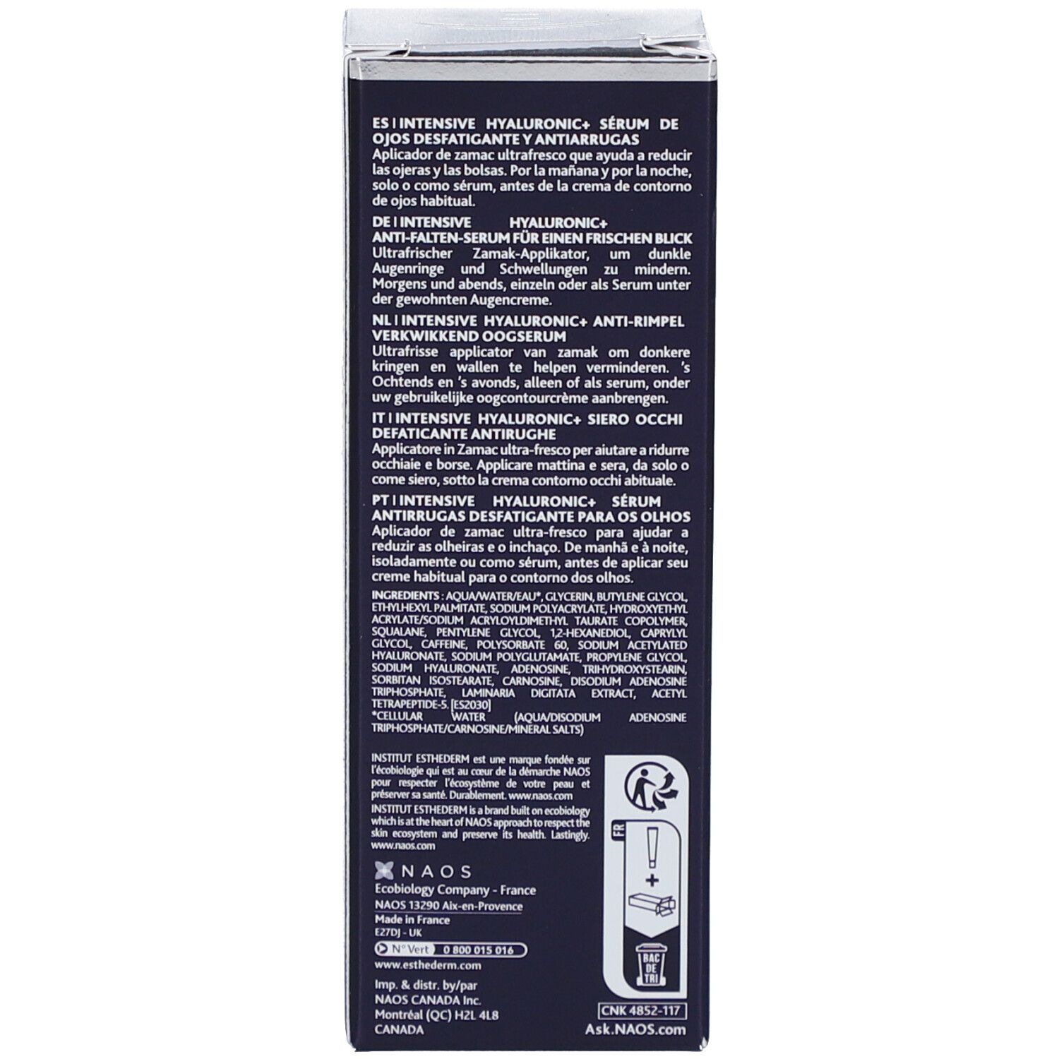 Schachtel-Seite. Text in mehreren Sprachen: Anwendung, Inhaltsstoffe, Herstellerinformationen.