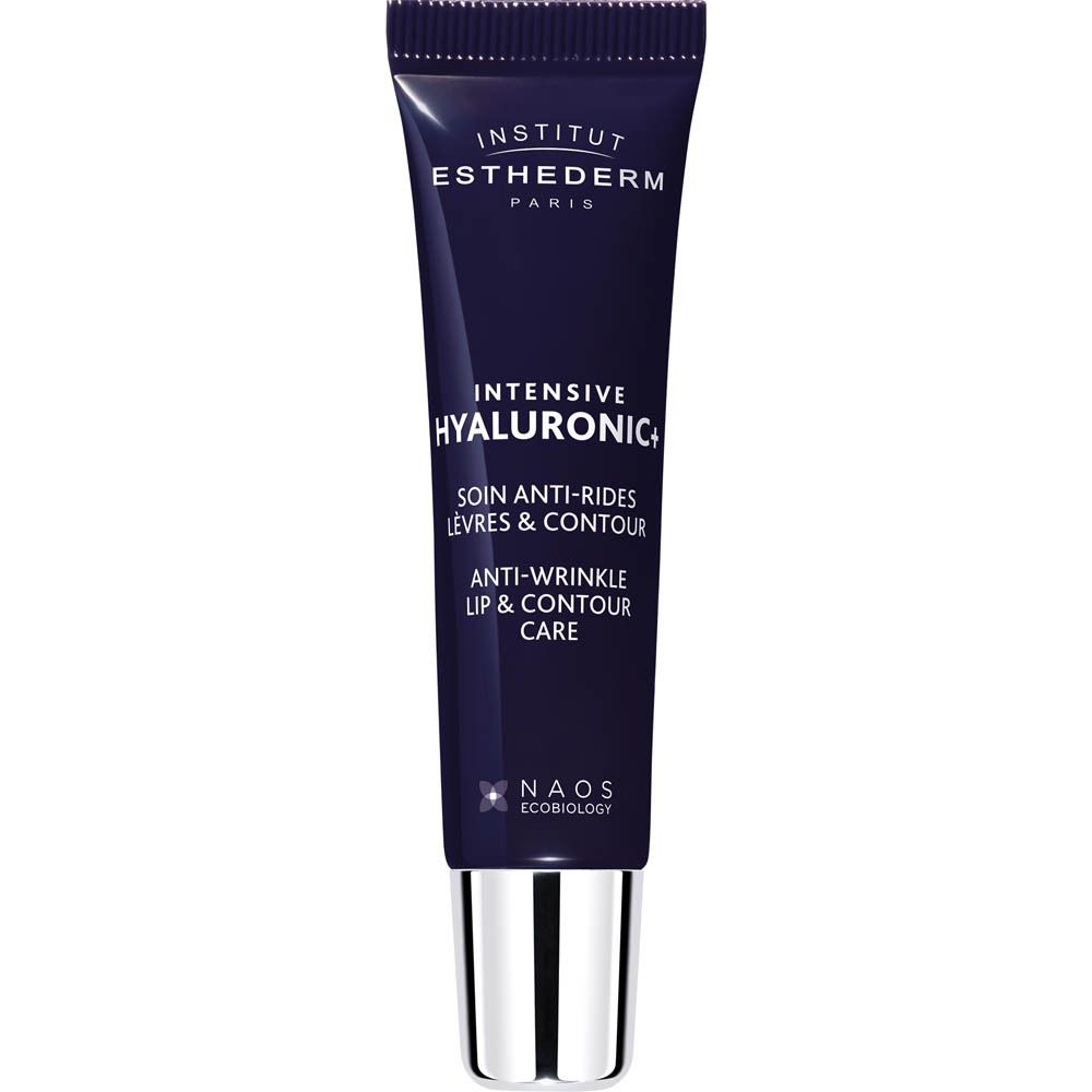 Tube avec inscription: Institut Esthederm Paris, Intensive Hyaluronic+, Anti-Wrinkle Lip & Contour Care.