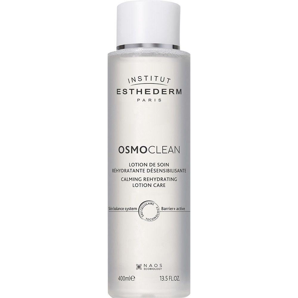 Flacon transparent avec bouchon blanc. Inscription: Institut Esthederm, Osmoclean, Lotion Soin Hydra Désensibilisante.