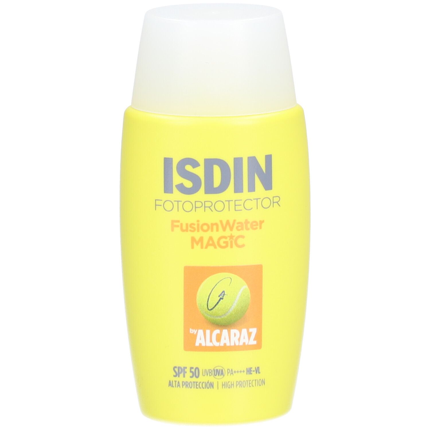 Flacon jaune avec bouchon blanc. Inscription: ISDIN Fotoprotector FusionWater MAGIC, SPF 50, logo Alcaraz.
