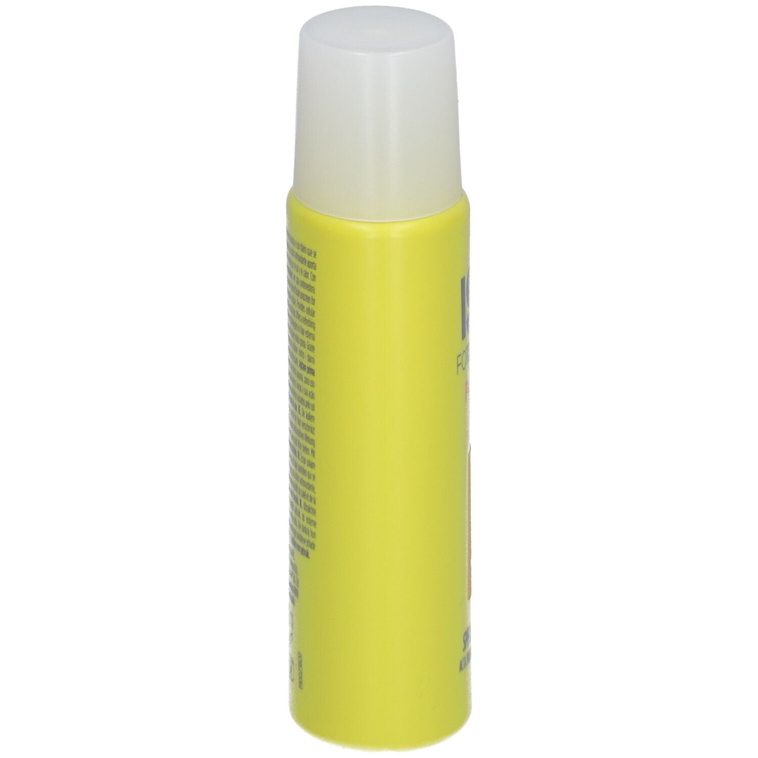 Flacon jaune avec bouchon blanc. Texte sur le côté. Produit: ISDIN Fotoprotector FusionWater MAGIC.