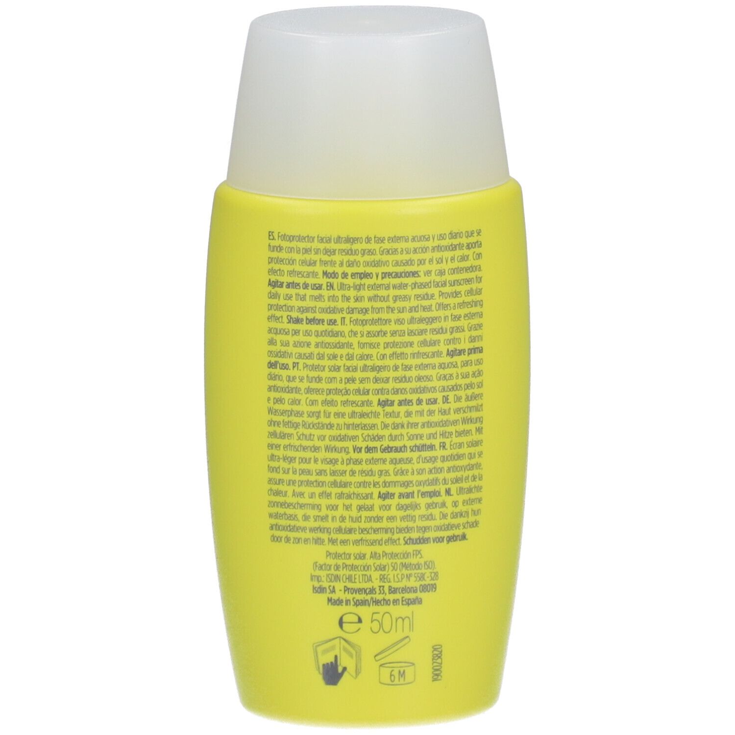 Dos d'un flacon jaune avec bouchon blanc. Texte multilingue. Produit: ISDIN Fotoprotector FusionWater MAGIC.