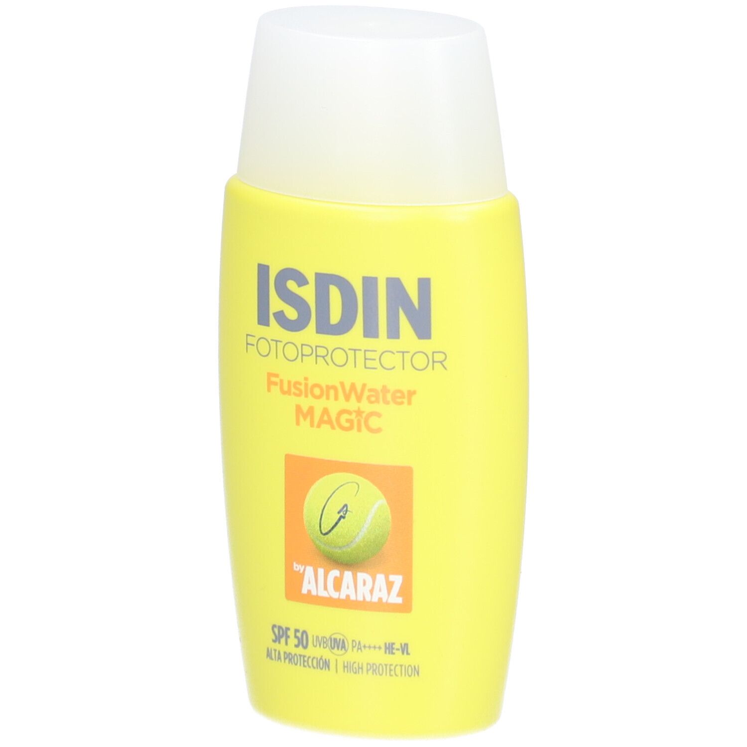 Flacon jaune avec bouchon blanc. Inscription: ISDIN Fotoprotector FusionWater MAGIC, SPF 50, logo Alcaraz.
