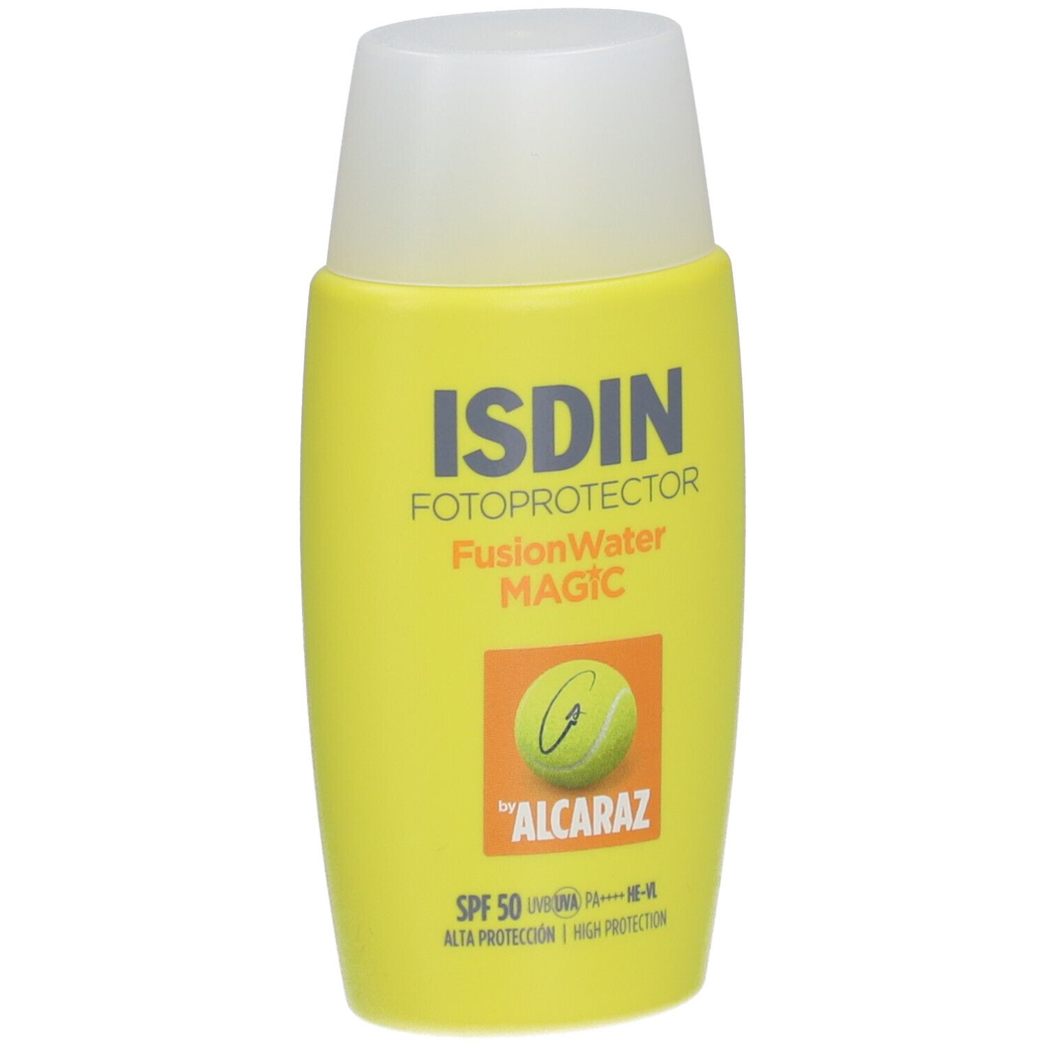 Flacon jaune avec bouchon blanc. Inscription: ISDIN Fotoprotector FusionWater MAGIC, SPF 50, logo Alcaraz.
