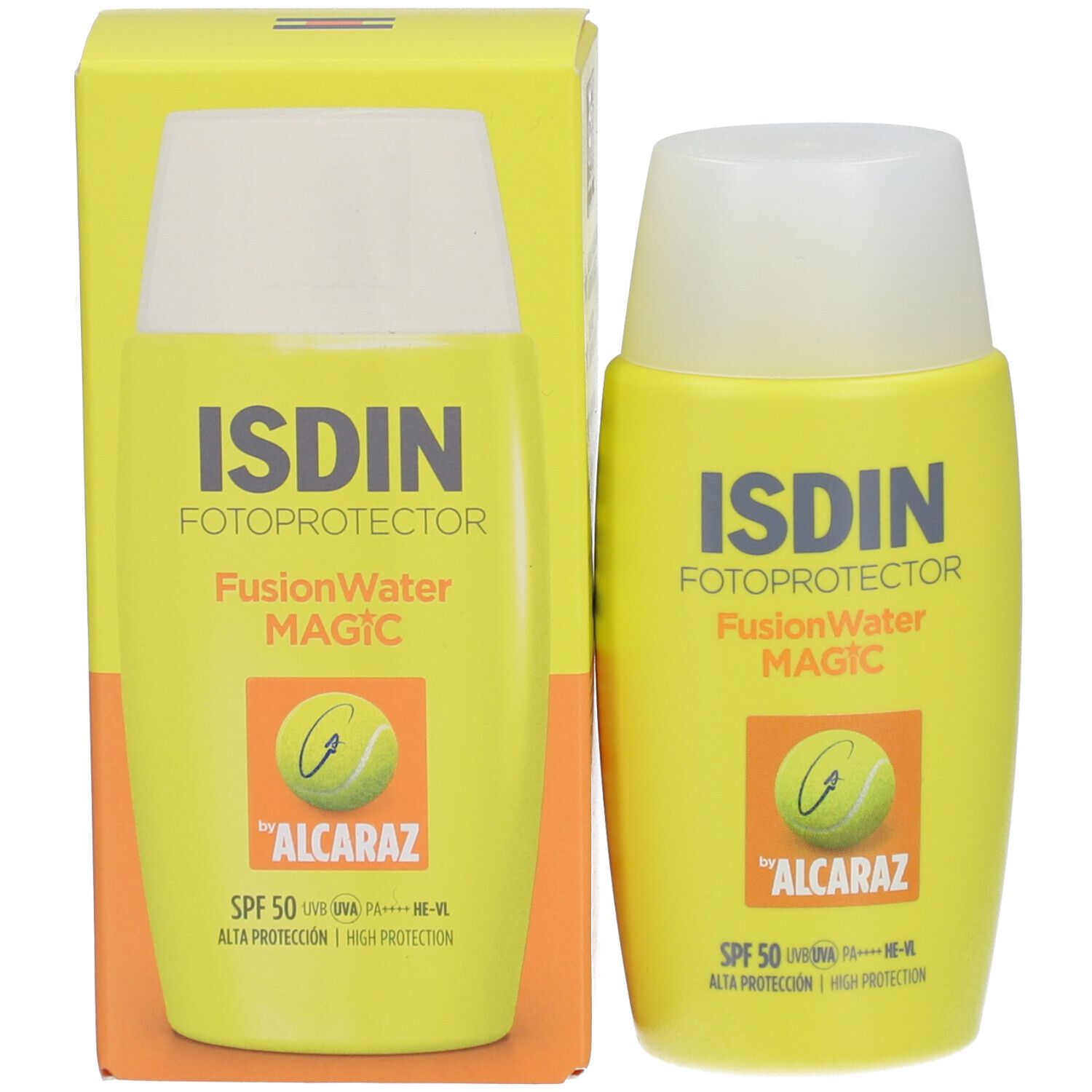 Flacon jaune et emballage avec bouchon blanc. Inscription: ISDIN Fotoprotector FusionWater MAGIC, SPF 50, logo Alcaraz.