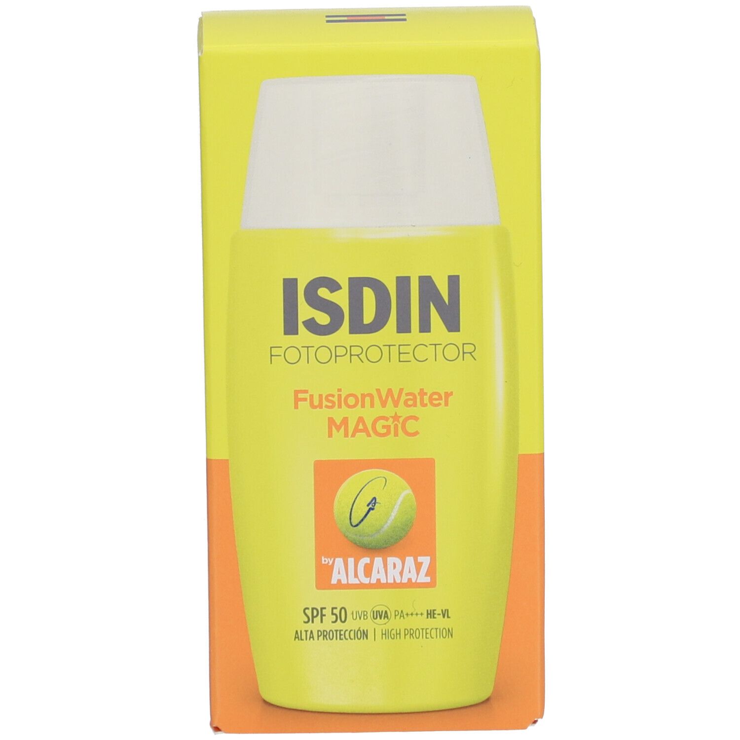 Emballage avec flacon jaune et bouchon blanc. Inscription: ISDIN Fotoprotector FusionWater MAGIC, SPF 50, logo Alcaraz.