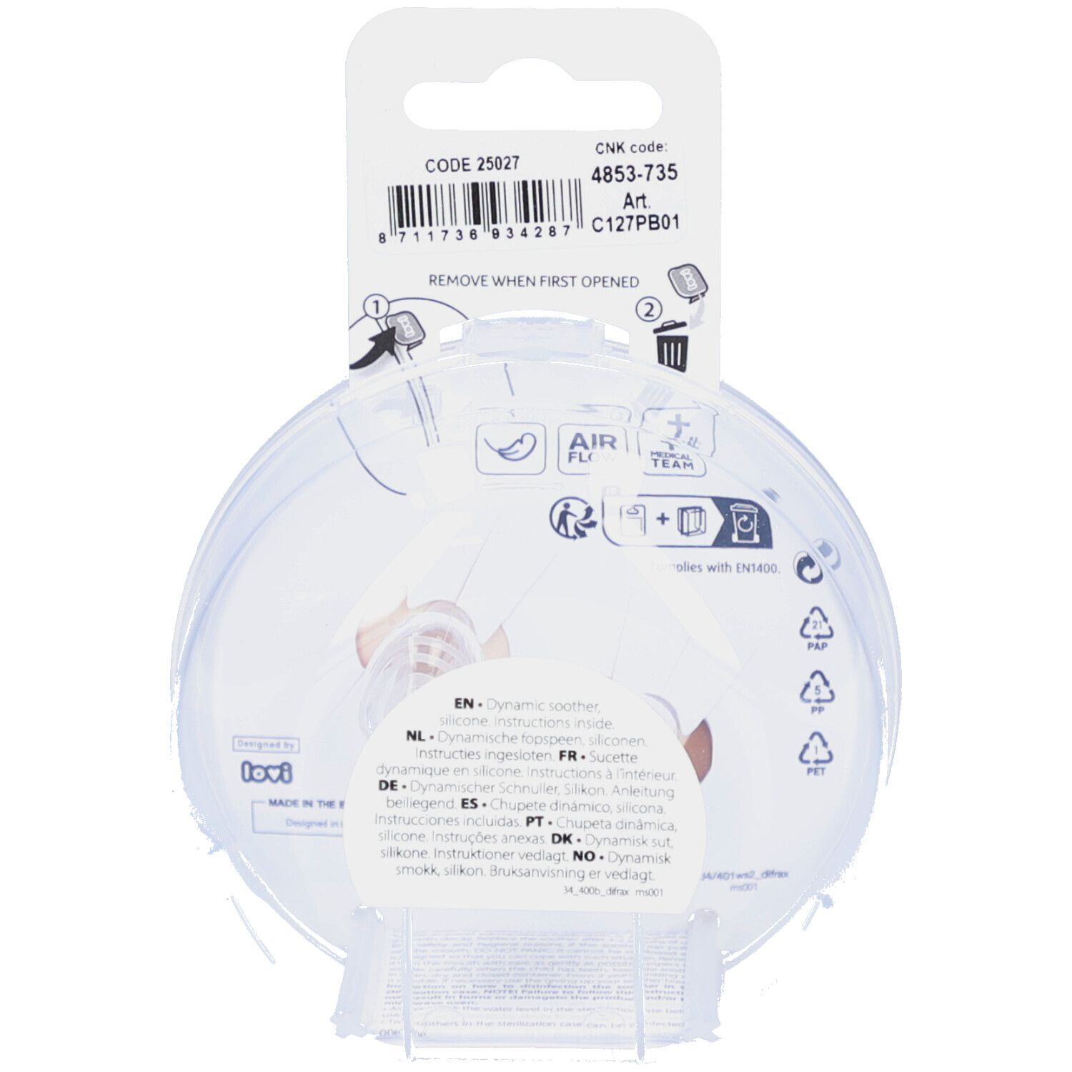 Rückseite der Verpackung mit Produktinformationen. Transparente, runde Verpackung mit Schnullern. Text in mehreren Sprachen.