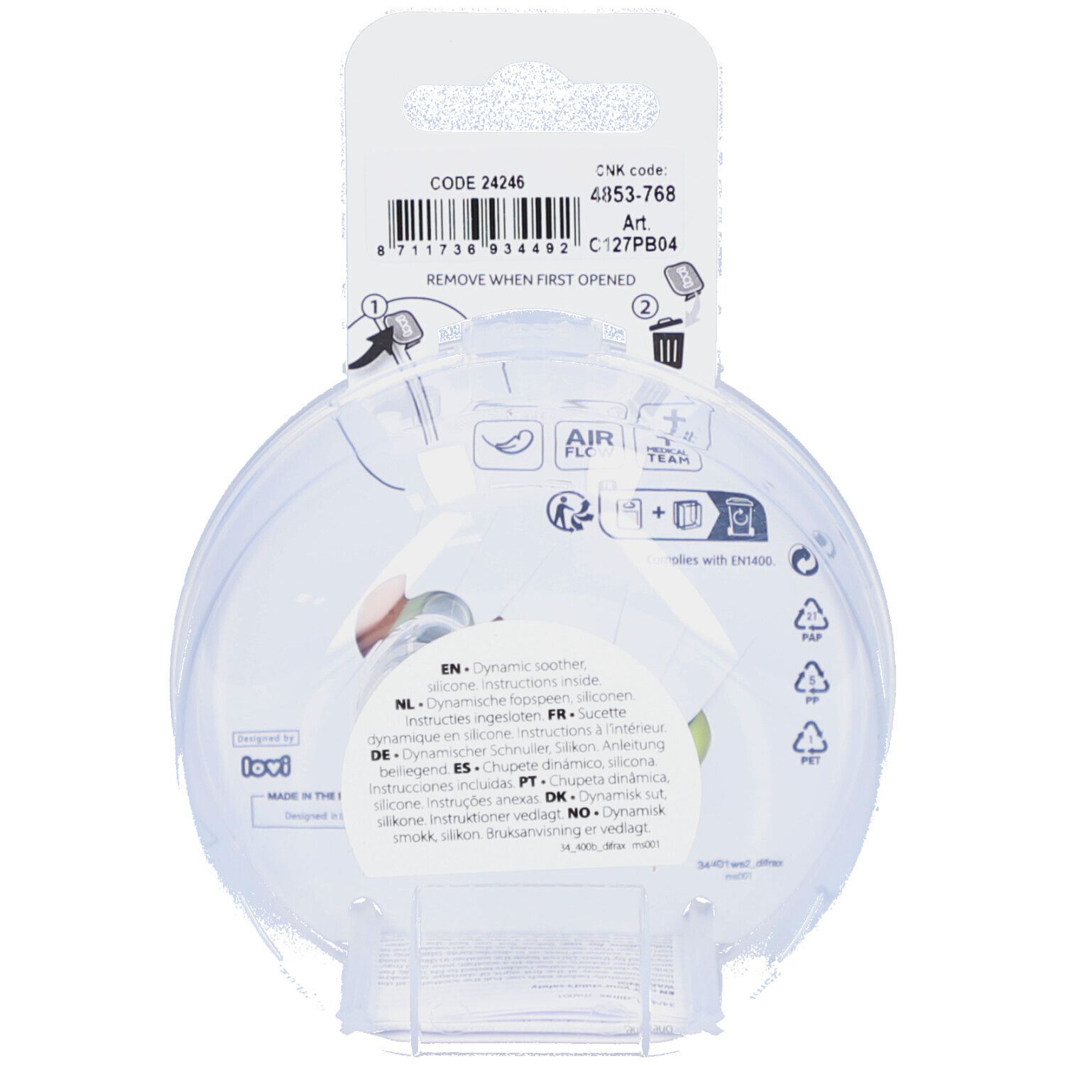 Rückseite der Verpackung mit Produktinformationen und Barcode. Mehrsprachige Anweisungen und Piktogramme. Transparente, runde Verpackung.