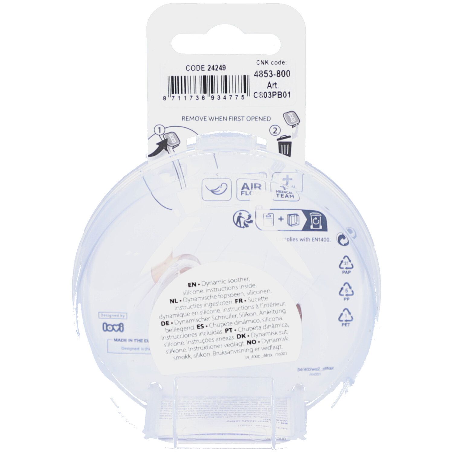 Rückseite der Verpackung mit Produktinformationen. Code, Artikelnummer, Barcode. Hinweise zur Anwendung und Sterilisation.