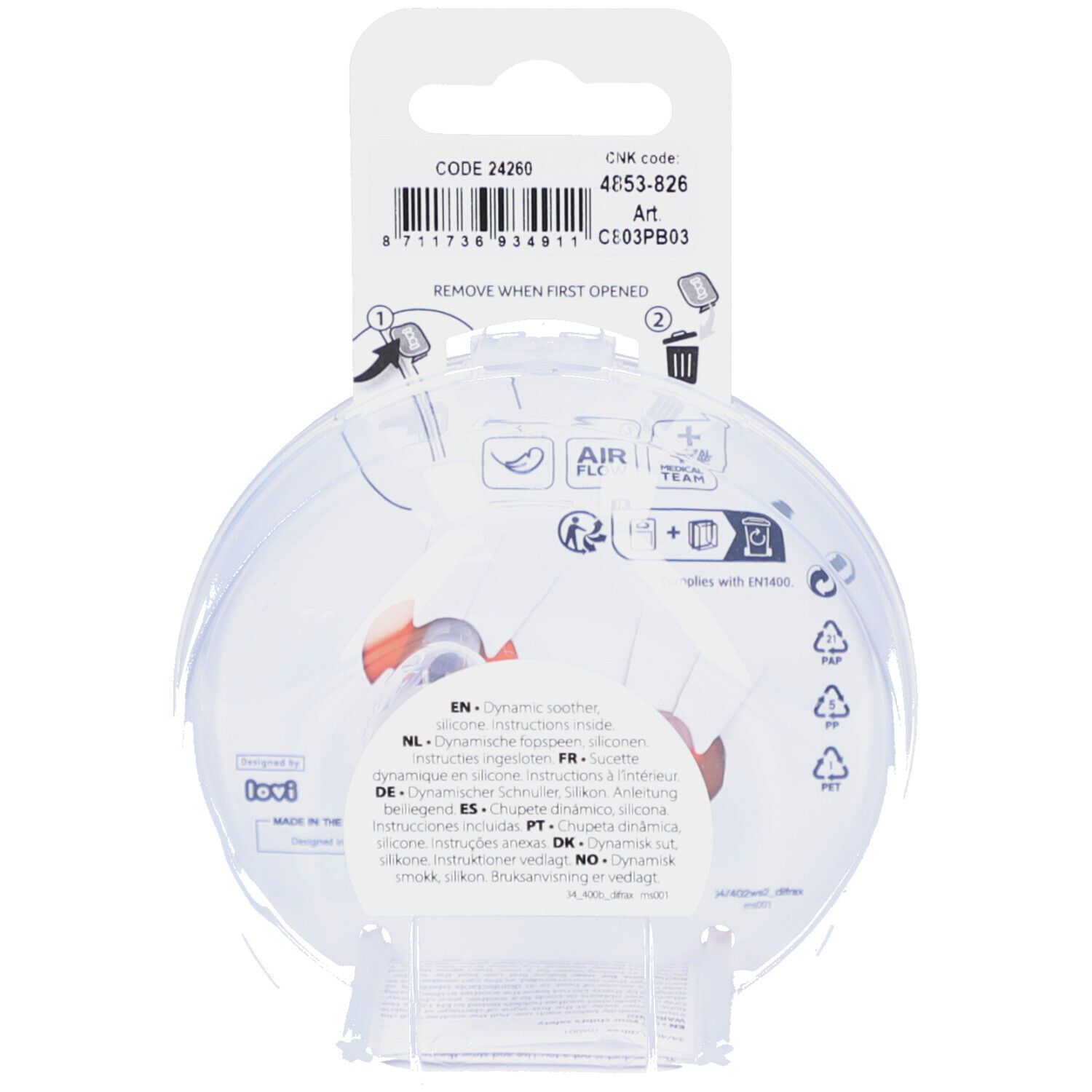 Rückseite der Verpackung mit Produktinformationen und Piktogrammen. Enthält Text in mehreren Sprachen, darunter Deutsch und Niederländisch.