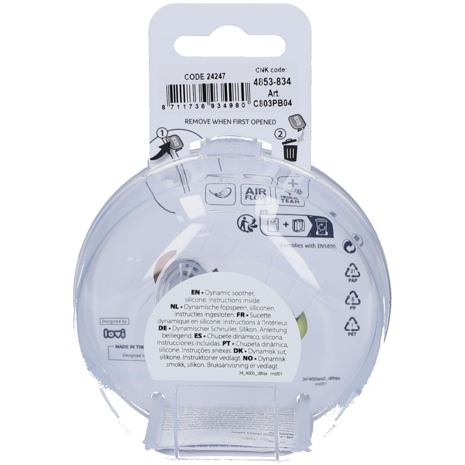 Rückseite der Verpackung mit Produktinformationen und Barcode. Enthält Piktogramme und Text in mehreren Sprachen.