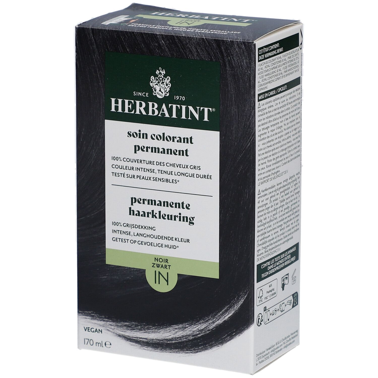 Herbatint Coloration Permanente 1N Noir. Boîte de coloration noire. Vegan.