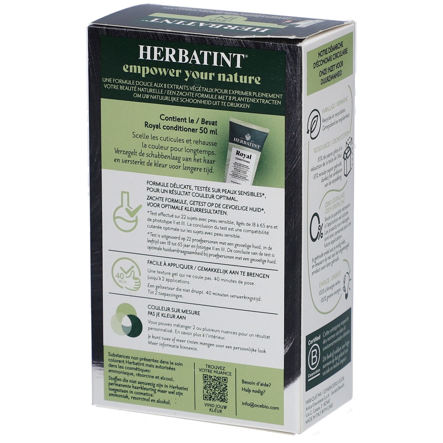Boîte Herbatint. Contient Royal Conditioner. Formule douce, testée sur peau sensible.