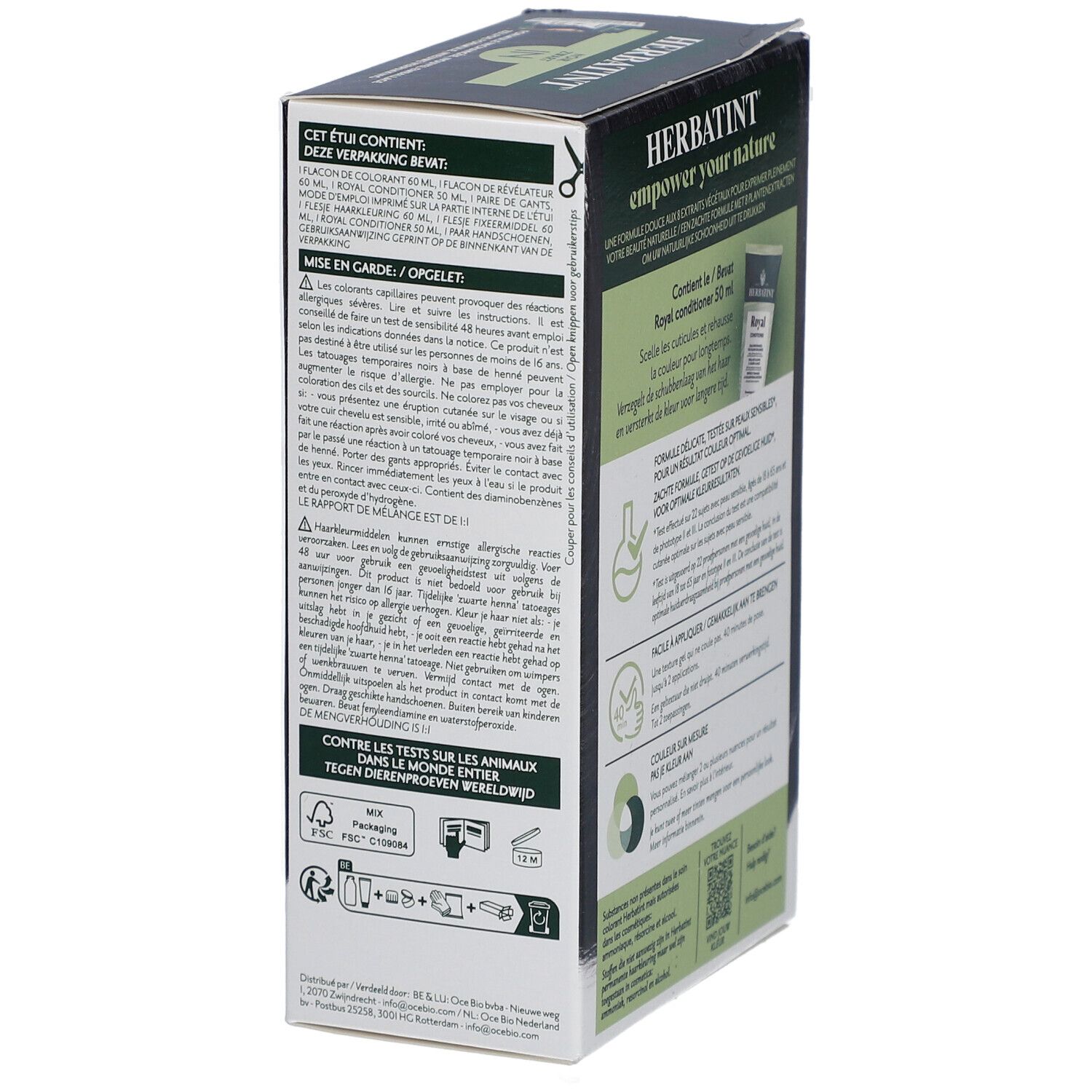 Boîte Herbatint. Contient Royal Conditioner. Conseils d'utilisation. Contre les tests sur animaux.