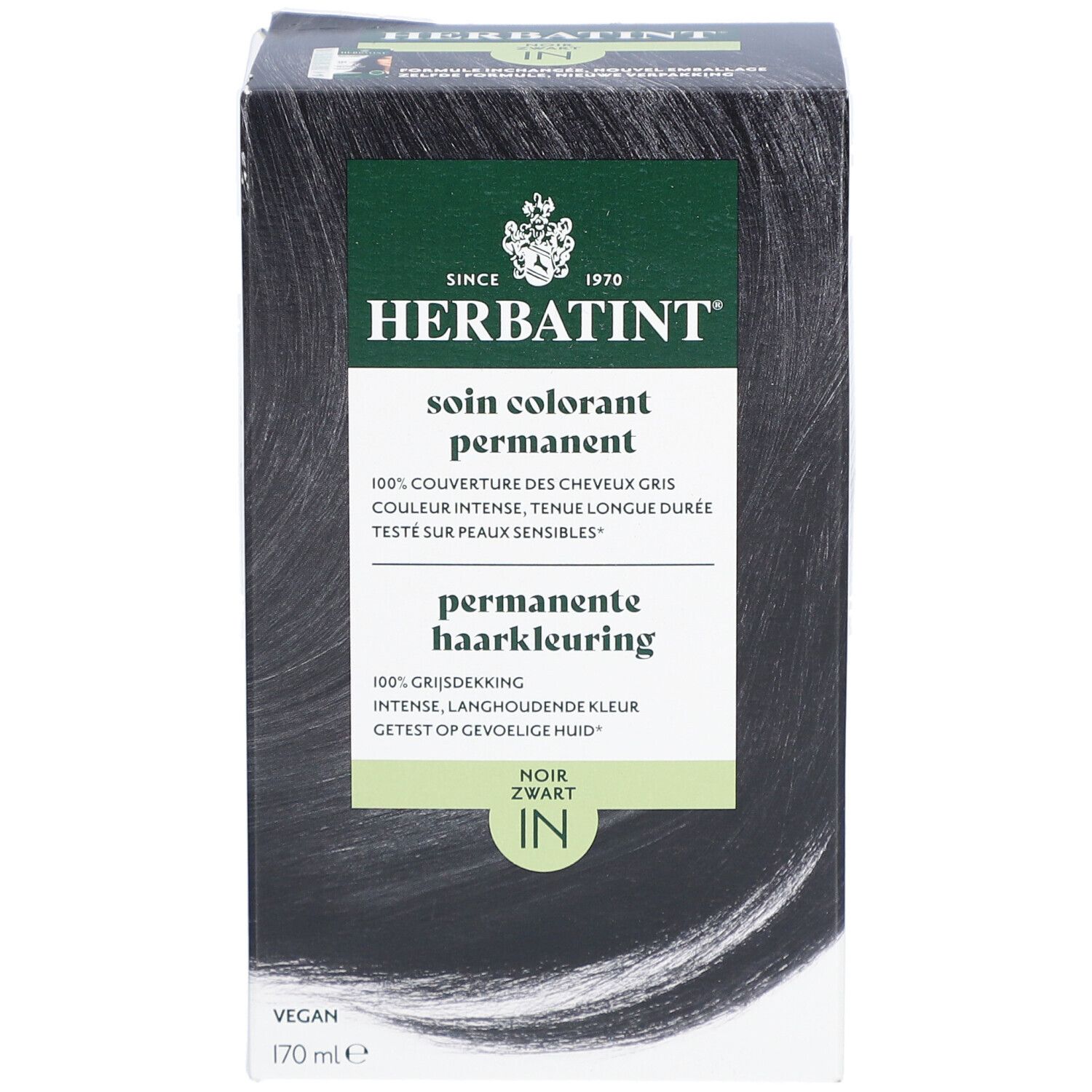 Herbatint Coloration Permanente 1N Noir. Boîte de coloration noire. Vegan.