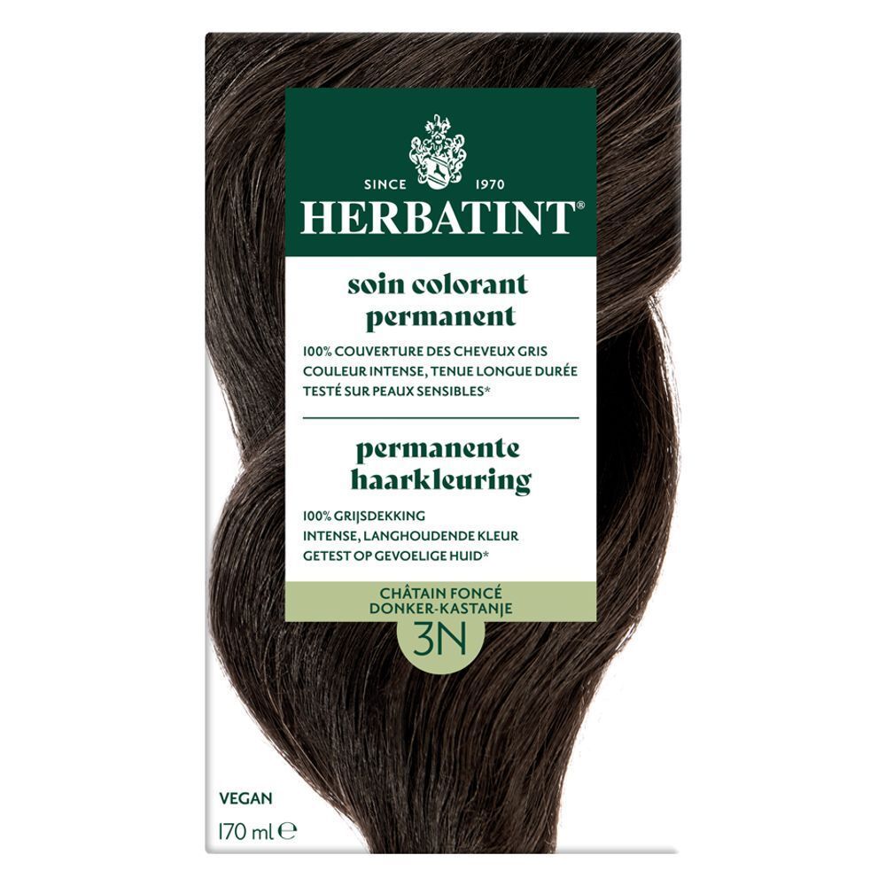 Herbatint Colorant Permanent 3N Brun foncé. Boîte avec image produit et texte. Vegan, 170 ml.