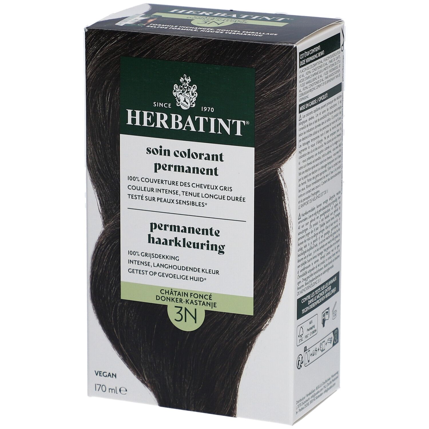 Herbatint Colorant Permanent 3N Brun foncé. Boîte avec image produit et texte. Vegan, 170 ml.