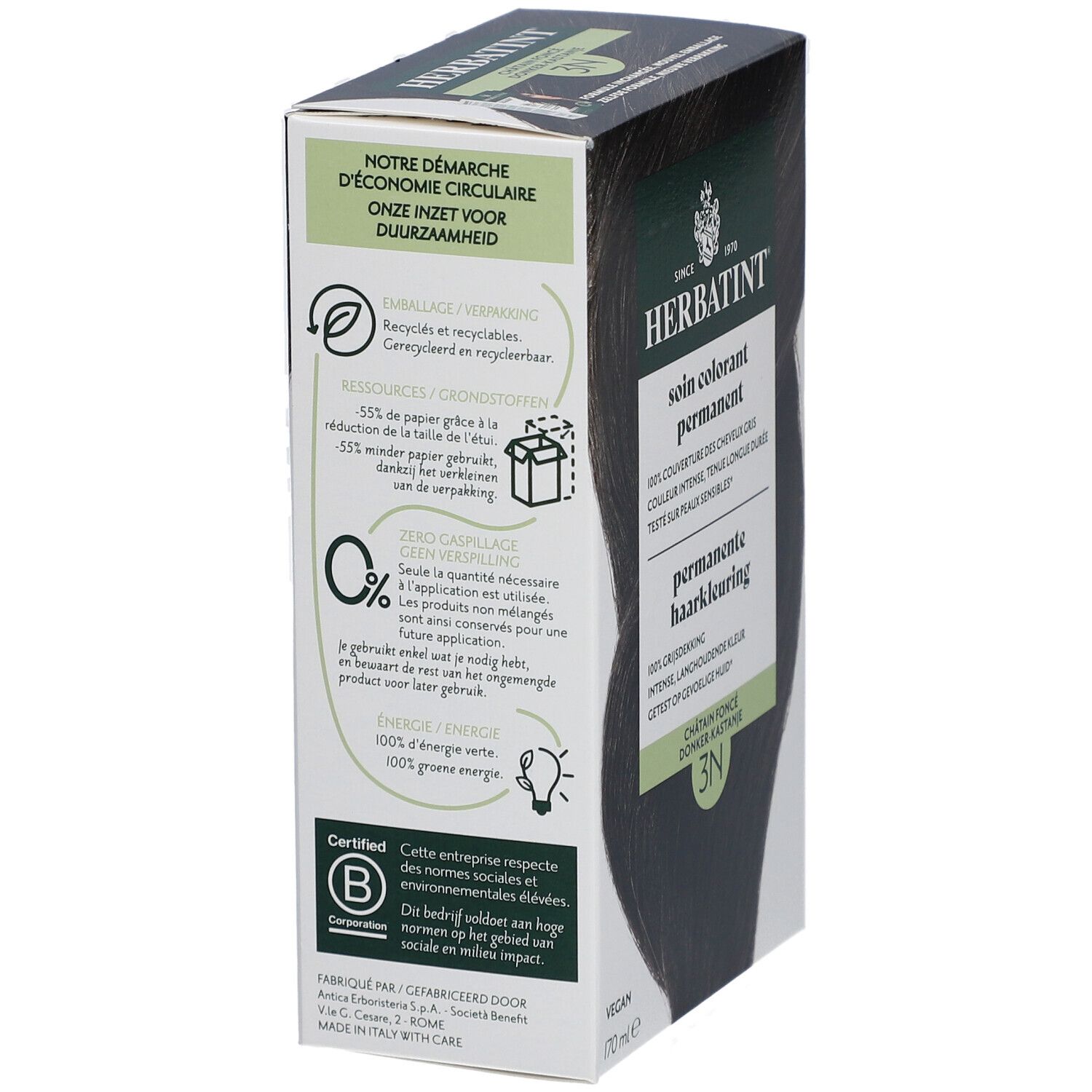 Boîte Herbatint. Texte sur durabilité, recyclage, énergie. Certification B Corp. Vegan, 170 ml.
