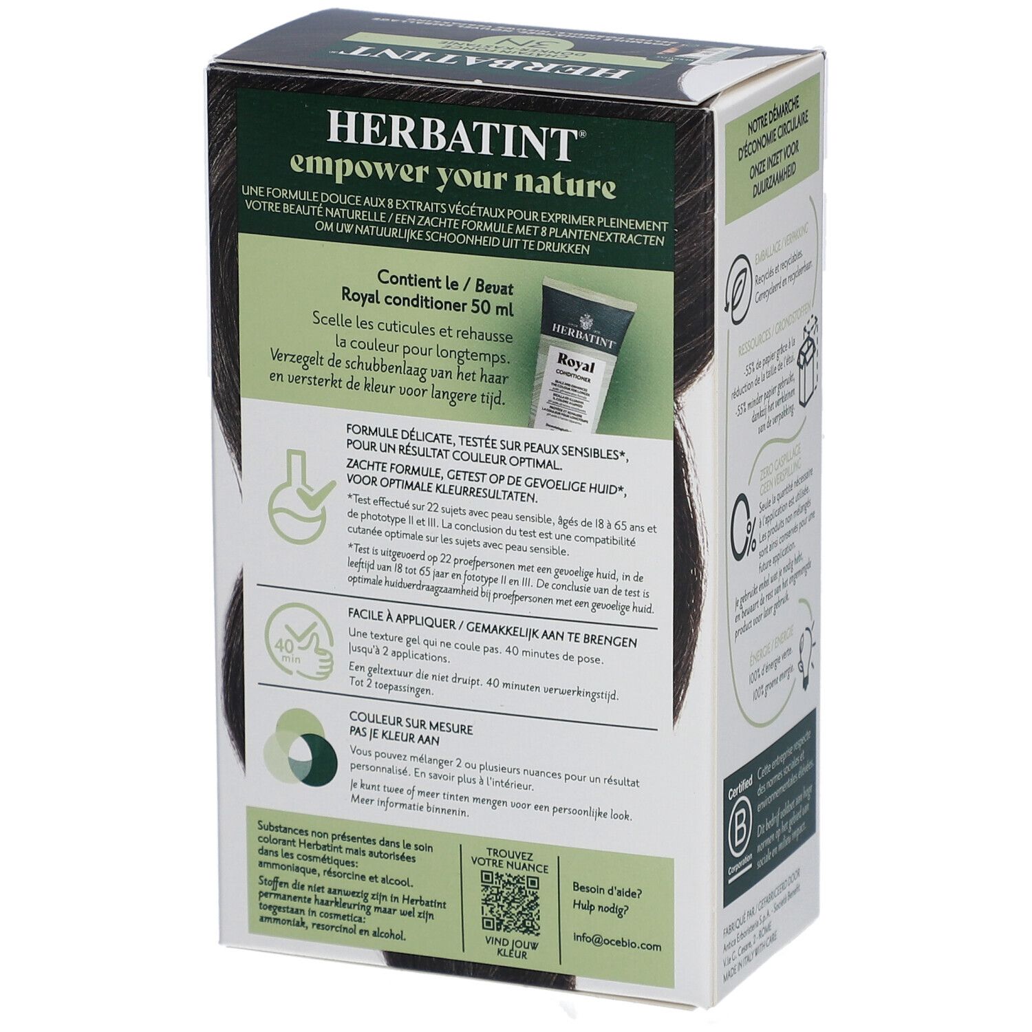 Boîte Herbatint. Texte sur ingrédients, application et Royal Conditioner. Certification B Corp. Vegan.